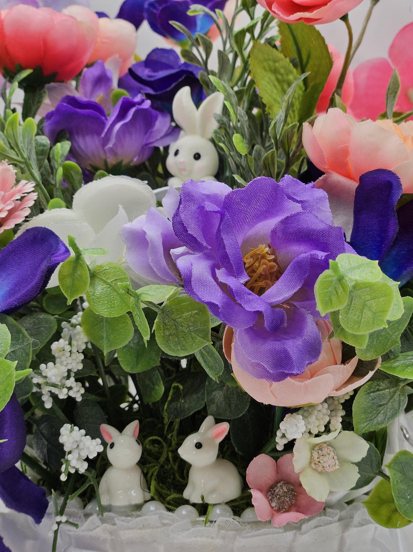 Silk Flowers/Small Satin/Lace Baskets/2 Options/Bunnies w/Peach/Yellow or Peach/Blue Pansies/Roses/Other Flowers/Greenery.Crystals/Pearls/