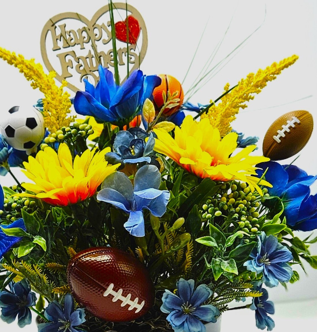 Father's Day Sports Themed Gift - Gray Dish with Wildflowers & Football/Soccer/Basketball - Unique Dad Gift Any Occasion