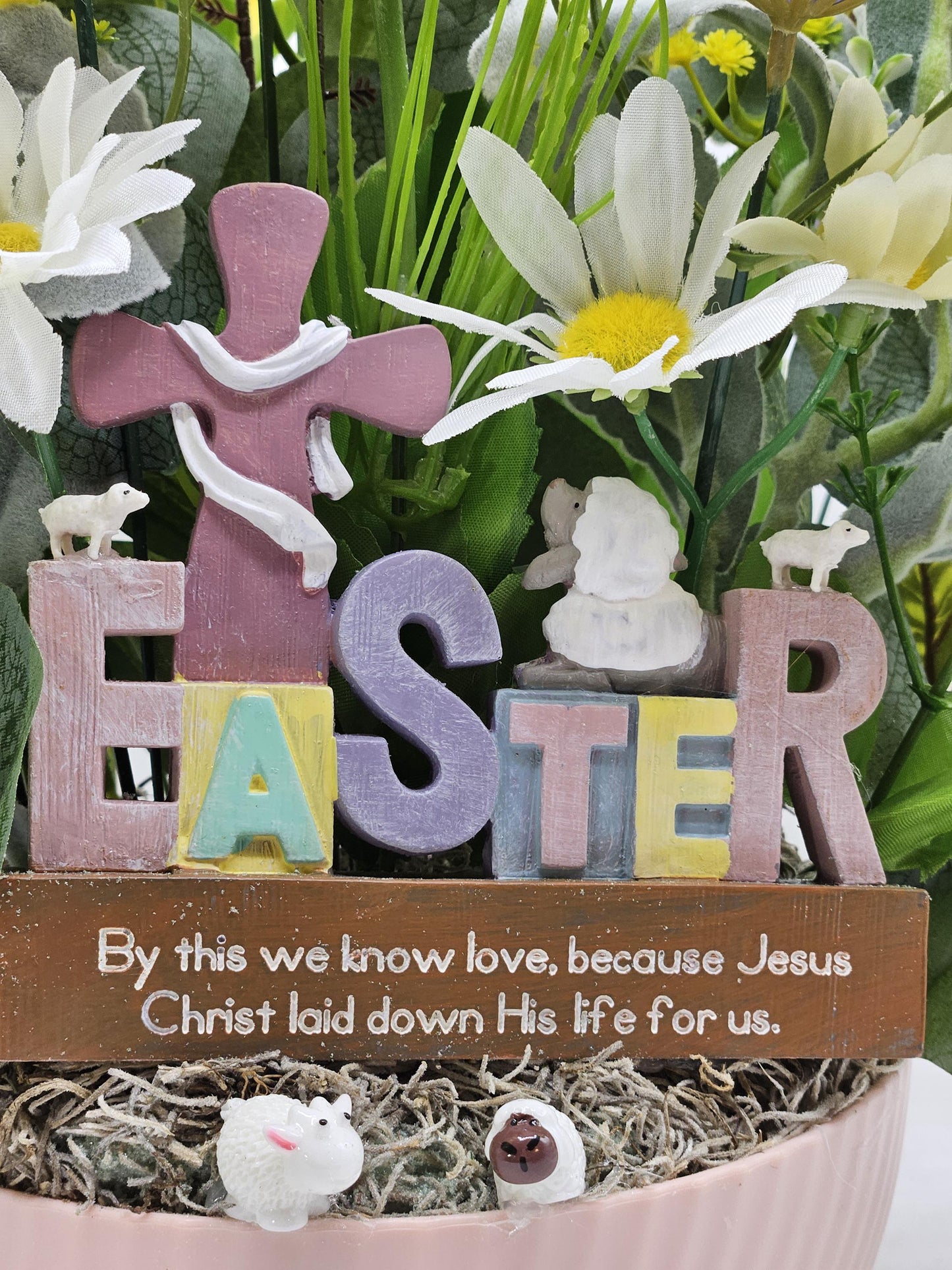 Easter Cross Floral "By This We Know Love Because Jesus Christ Laid Down His Life For Us" Quote/Sheep/Blue/Yellow/Greenery/Happy Easter