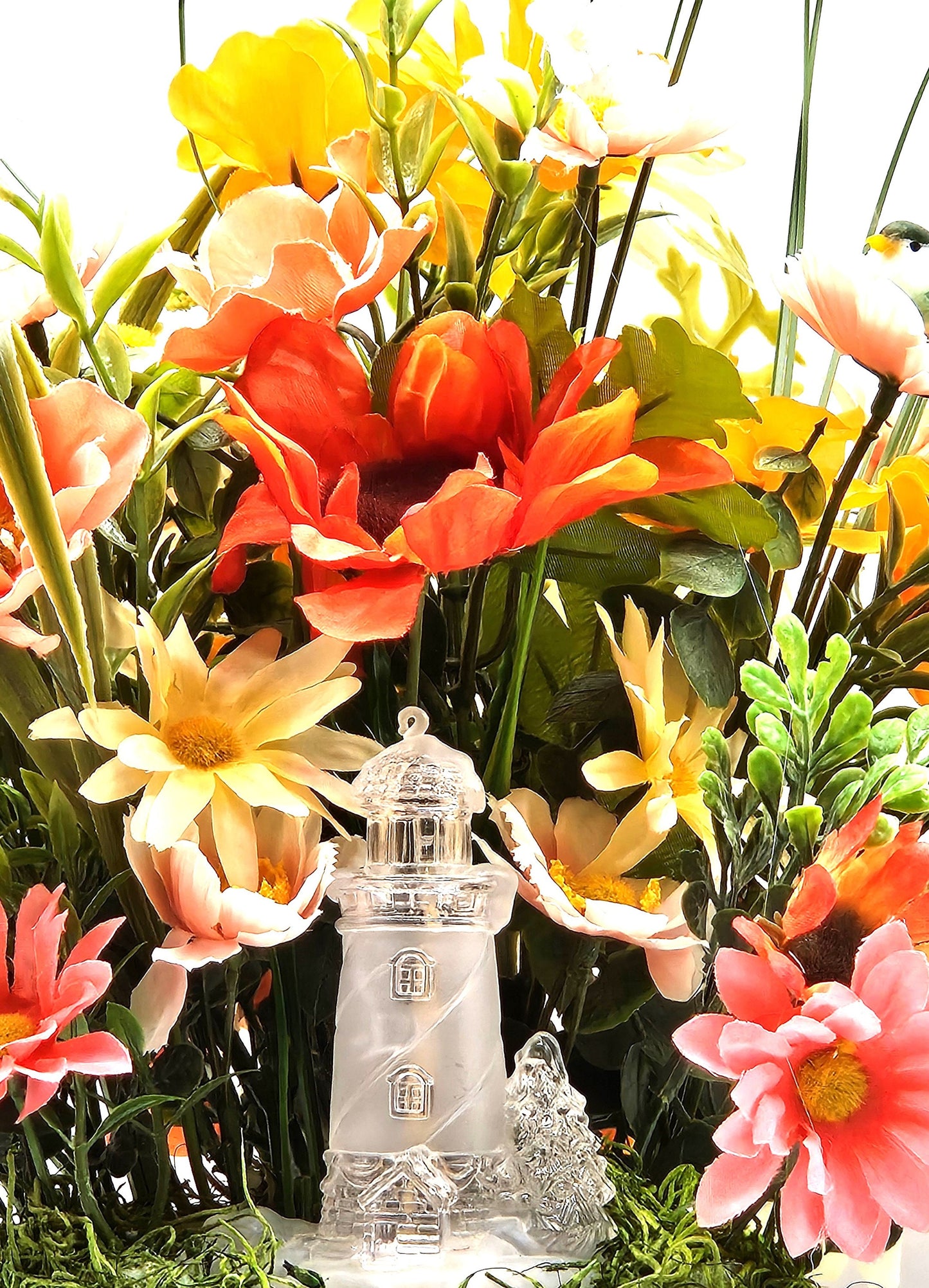 Flower Arrangement featuring a Crystal-Like Lighthouse, Yellow/Peach Wildflowers, Owl/Bird Accents/ Great Tropical Gift or Home Decor