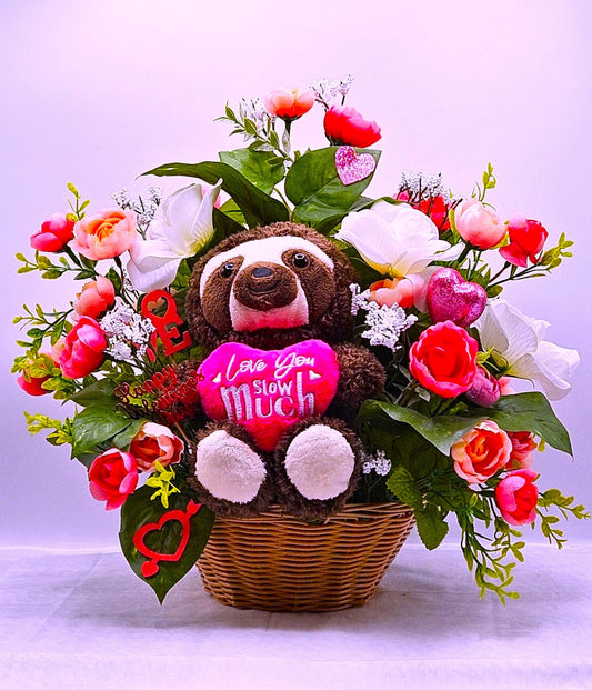 I Love You Slow Much" Sloth Themed Floral Decor, Cute Pink & White Arrangement with Hearts, Perfect Love Gift