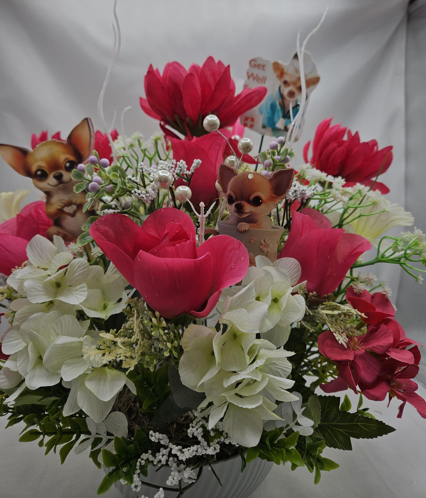 Get Well/Feel Better Floral Arrangeements Featuring Cheerful Chihuahua Pups Amidst a Red/White Flower Garden/Baby's Breath/Glitter Accents