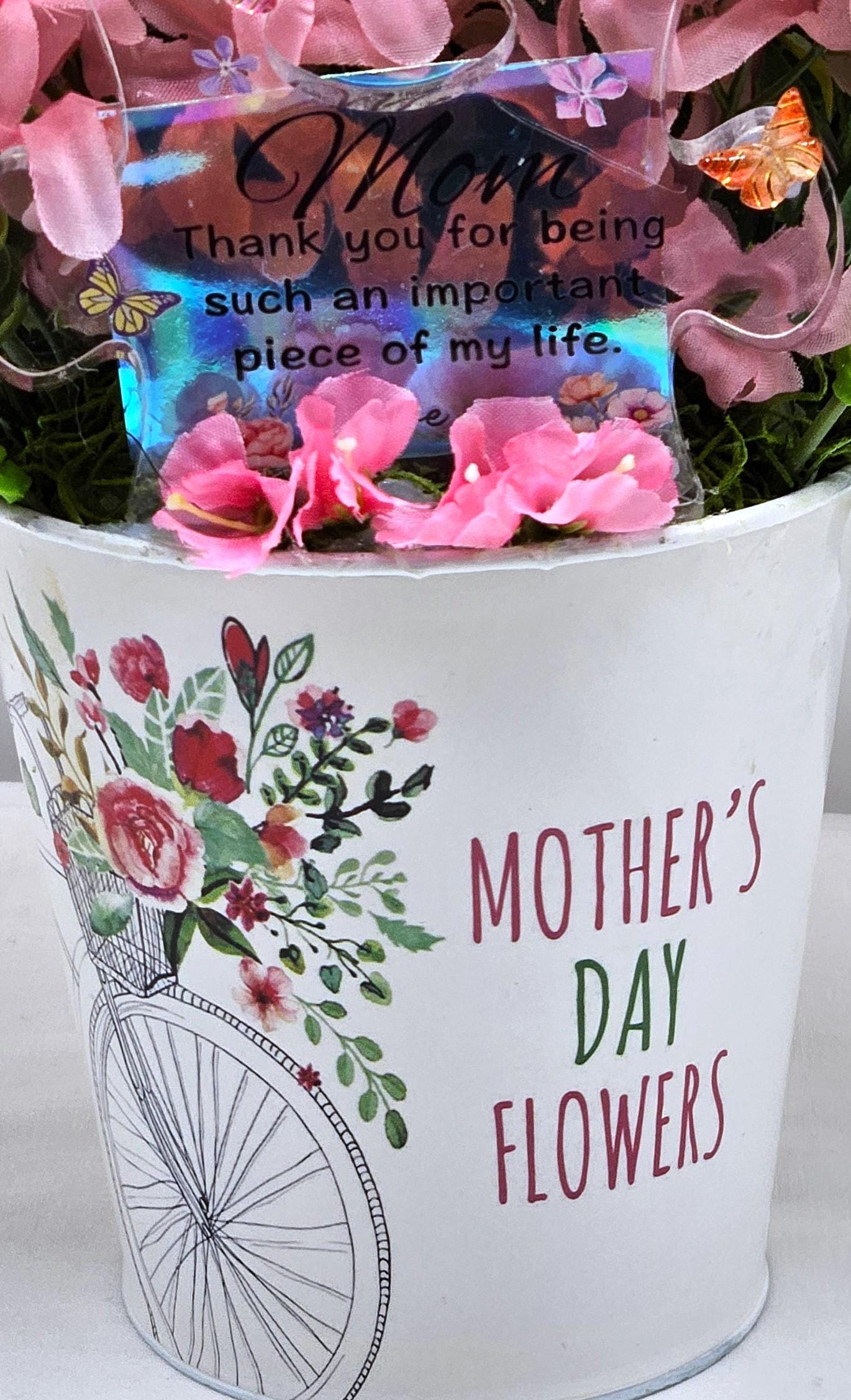 Mother's Day Inspirational Flower Tin - White Blooms in Vintage Tin, Thoughtful Gift for Her, Vintage Floral Tin with Acrylic Sign
