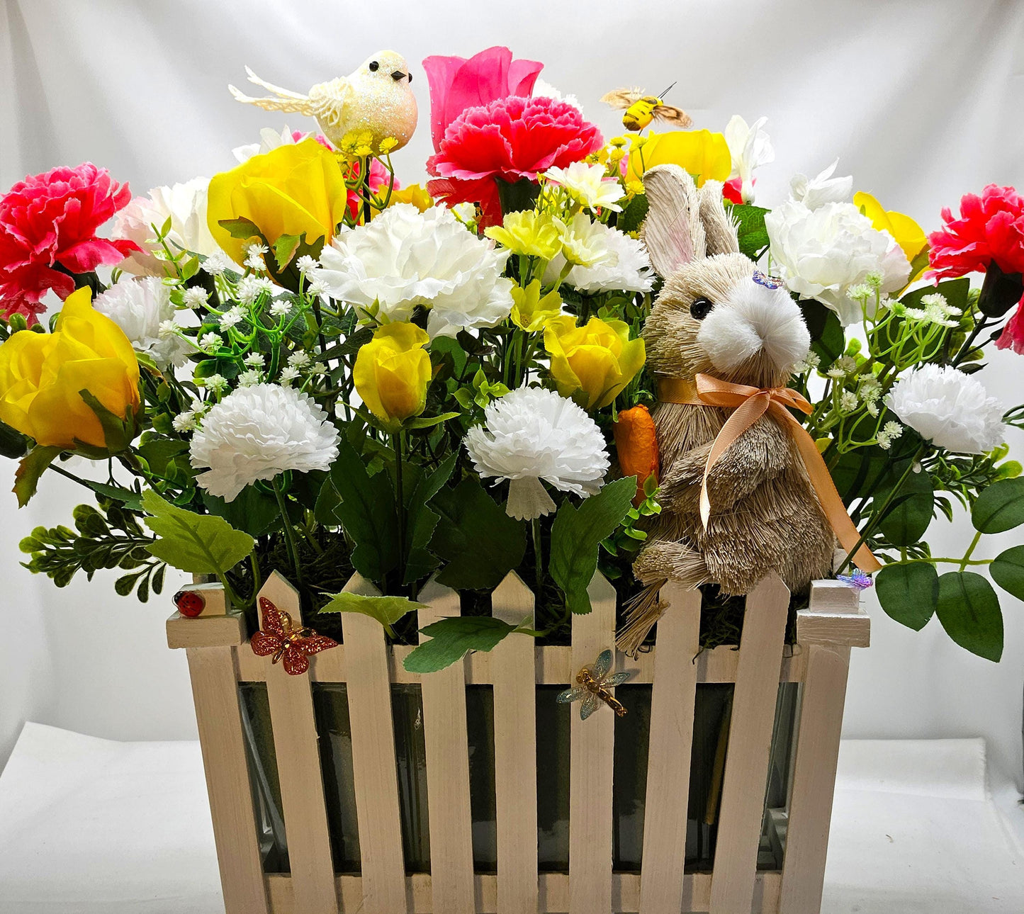 Spring/Summer Floral in Picket-Fence Look Flower Pot/with Bunny/Butterflies/Bee/Birds/Roses/Carnations/Other Vibrant Flowers/Greens