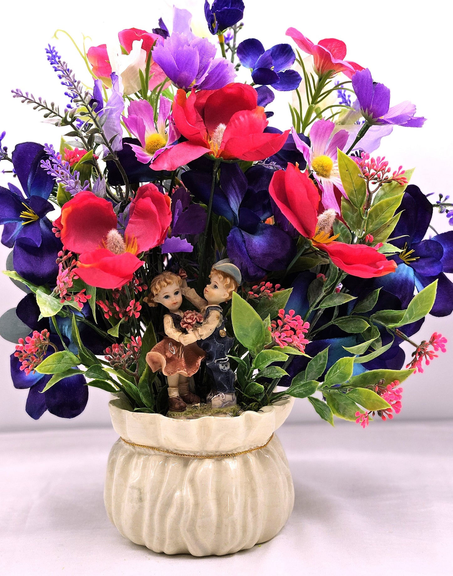 Vintage-Inspired Girl/Boy Figurine in Vibrant Purple Floral Arrangement on Gold-Trimmed Cream Ceramic Pot, Gift for Her/Home