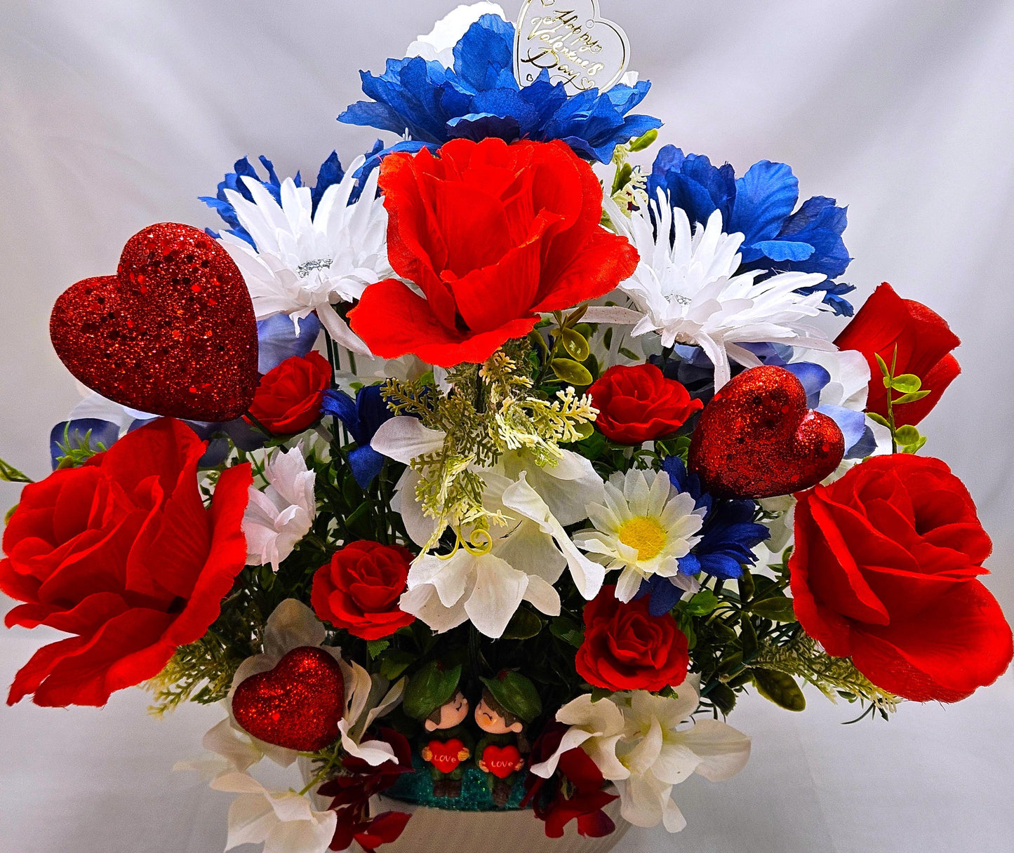 Romantic Flower Arrangement for Military Couple, Grey Plastic Bowl, Artificial Florals, Red Hearts, Love Gift