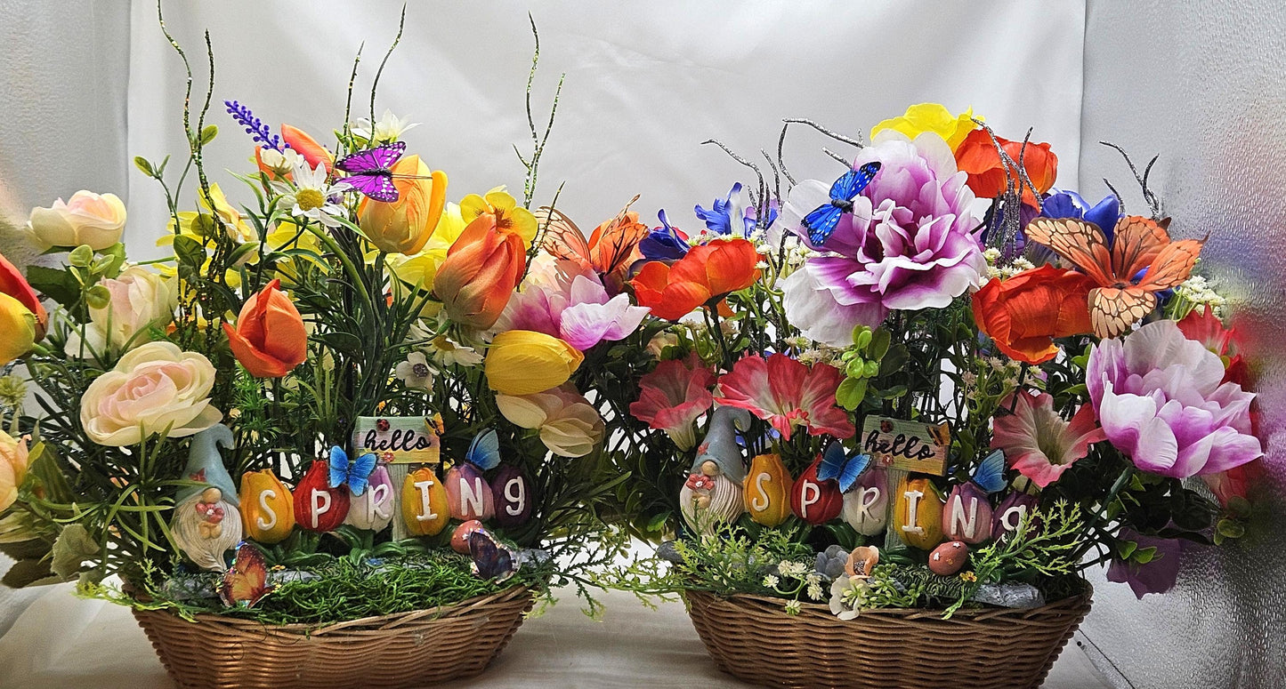 Winter Blues? Welcome Spring Flower Arrangement w/Bright Spring Flowers and Lucky Gnomes, Two Options in Oval Wicker Basket/Great Gift/Decor