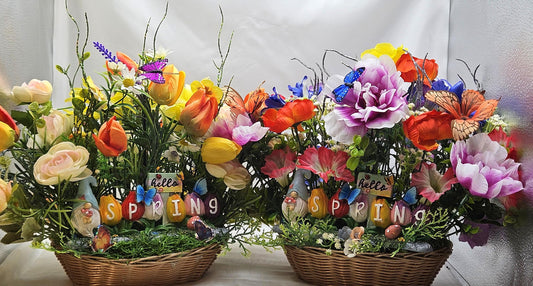 Winter Blues? Welcome Spring Flower Arrangement w/Bright Spring Flowers and Lucky Gnomes, Two Options in Oval Wicker Basket/Great Gift/Decor