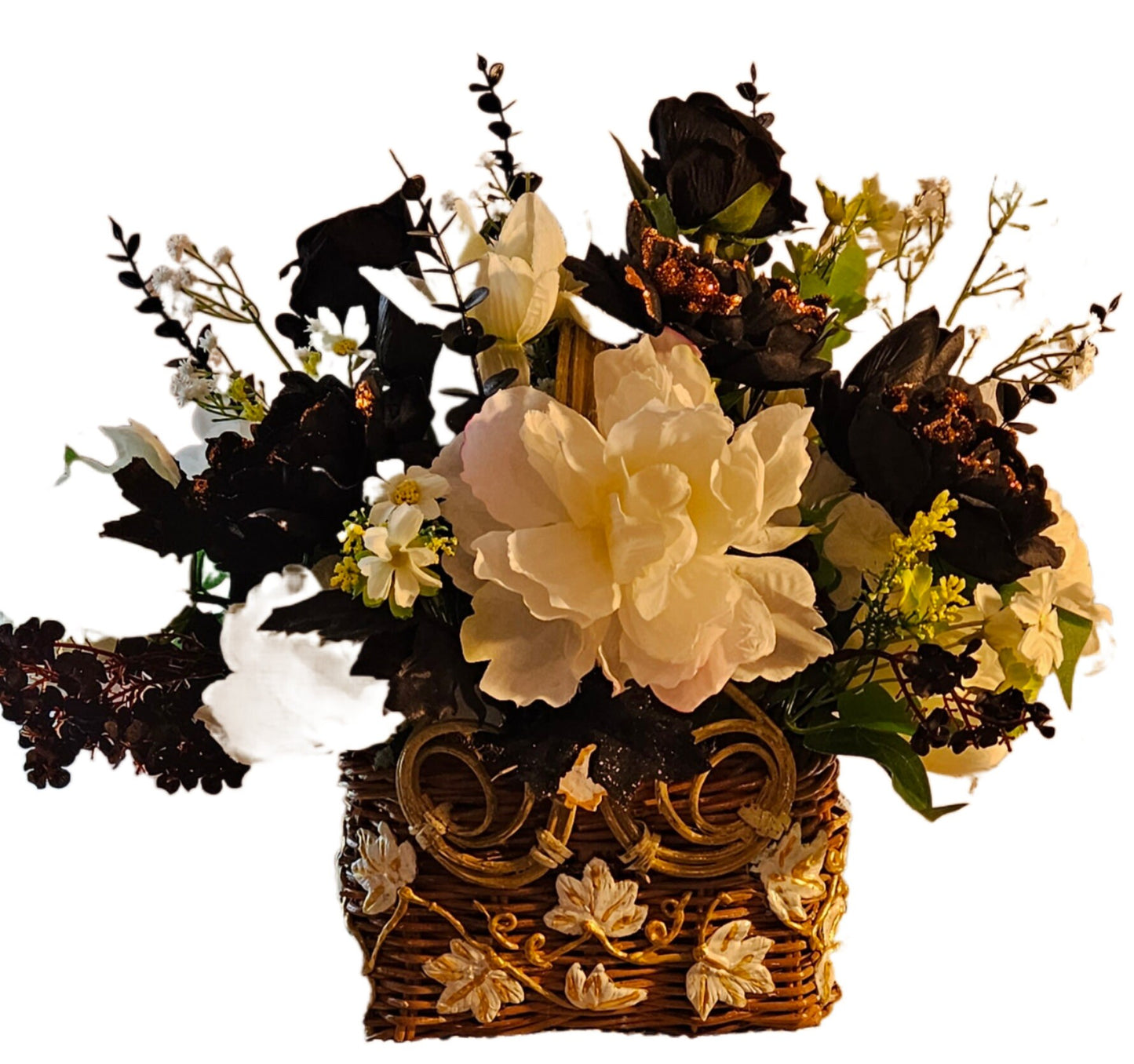 Handcrafted Floral Basket, Black & White Home Decor, Centerpiece Idea, Housewarming Gift, Floral Basket Decor