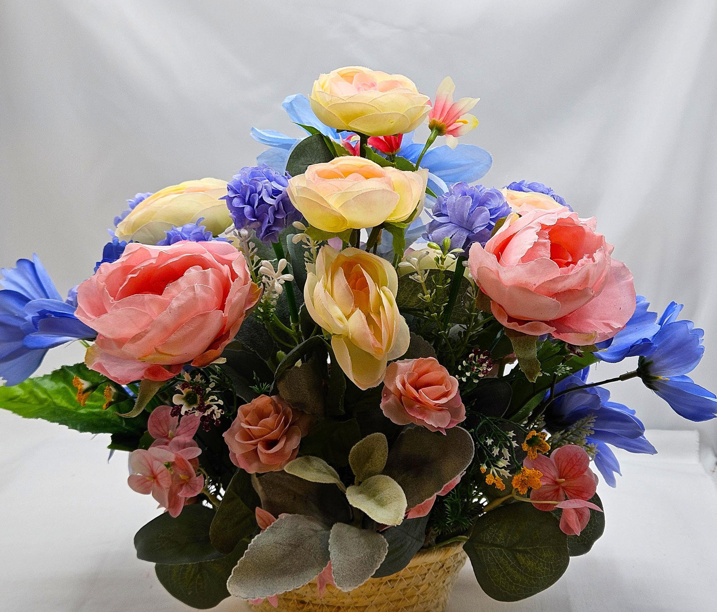 Romantic Flower Arrangement for Grandparents, Natural Woven Basket, Grandma and Grandpa on Swing, Pink Blue Florals