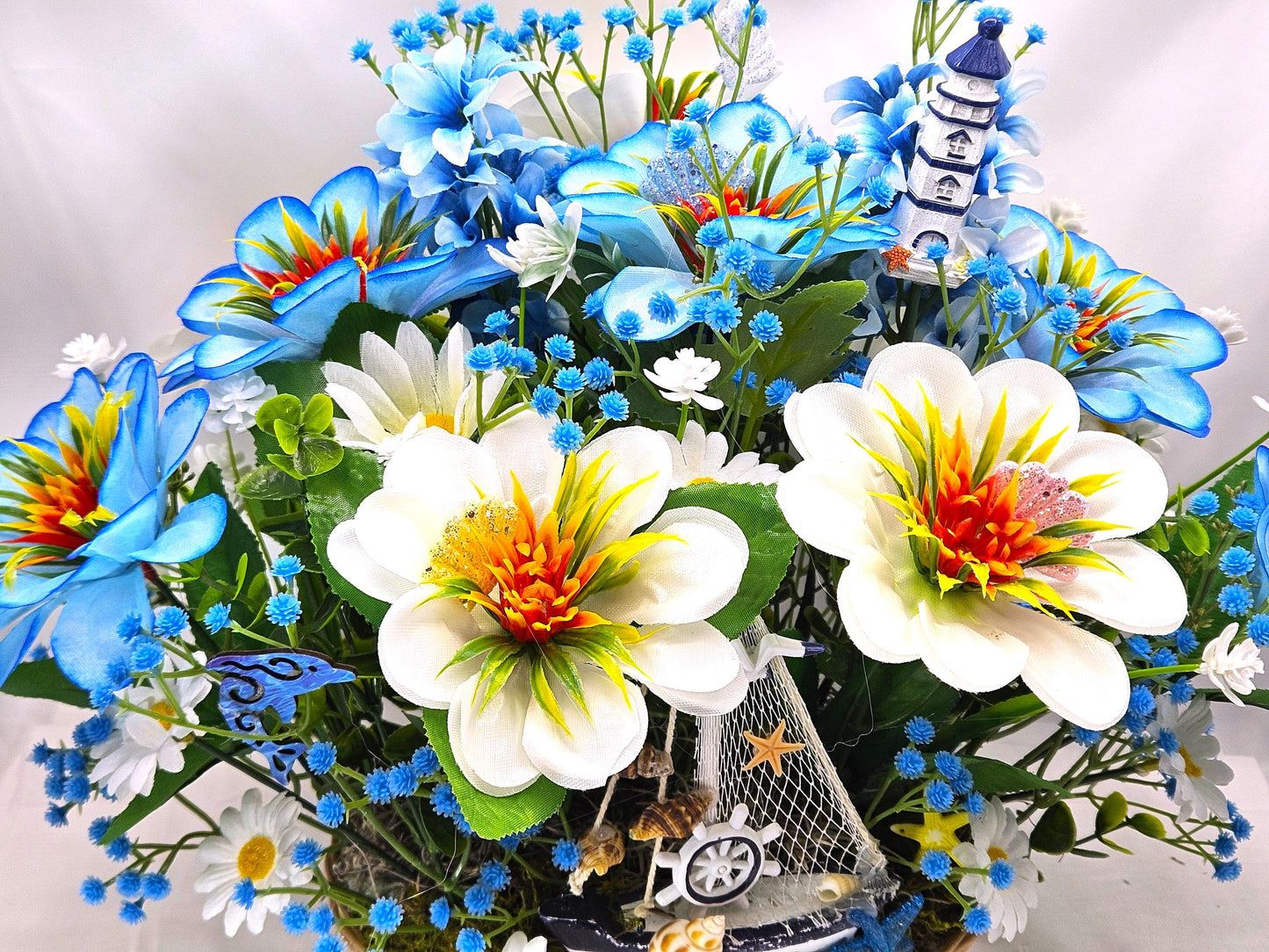 Love the Beach Tropical Floral Arrangement, Sea Shells, Turtle, Starfish, Lighthouse Decor, Blue & White Florals