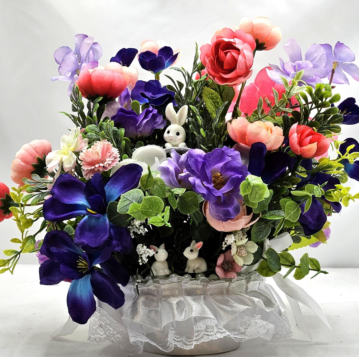 Silk Flowers/Small Satin/Lace Baskets/2 Options/Bunnies w/Peach/Yellow or Peach/Blue Pansies/Roses/Other Flowers/Greenery.Crystals/Pearls/