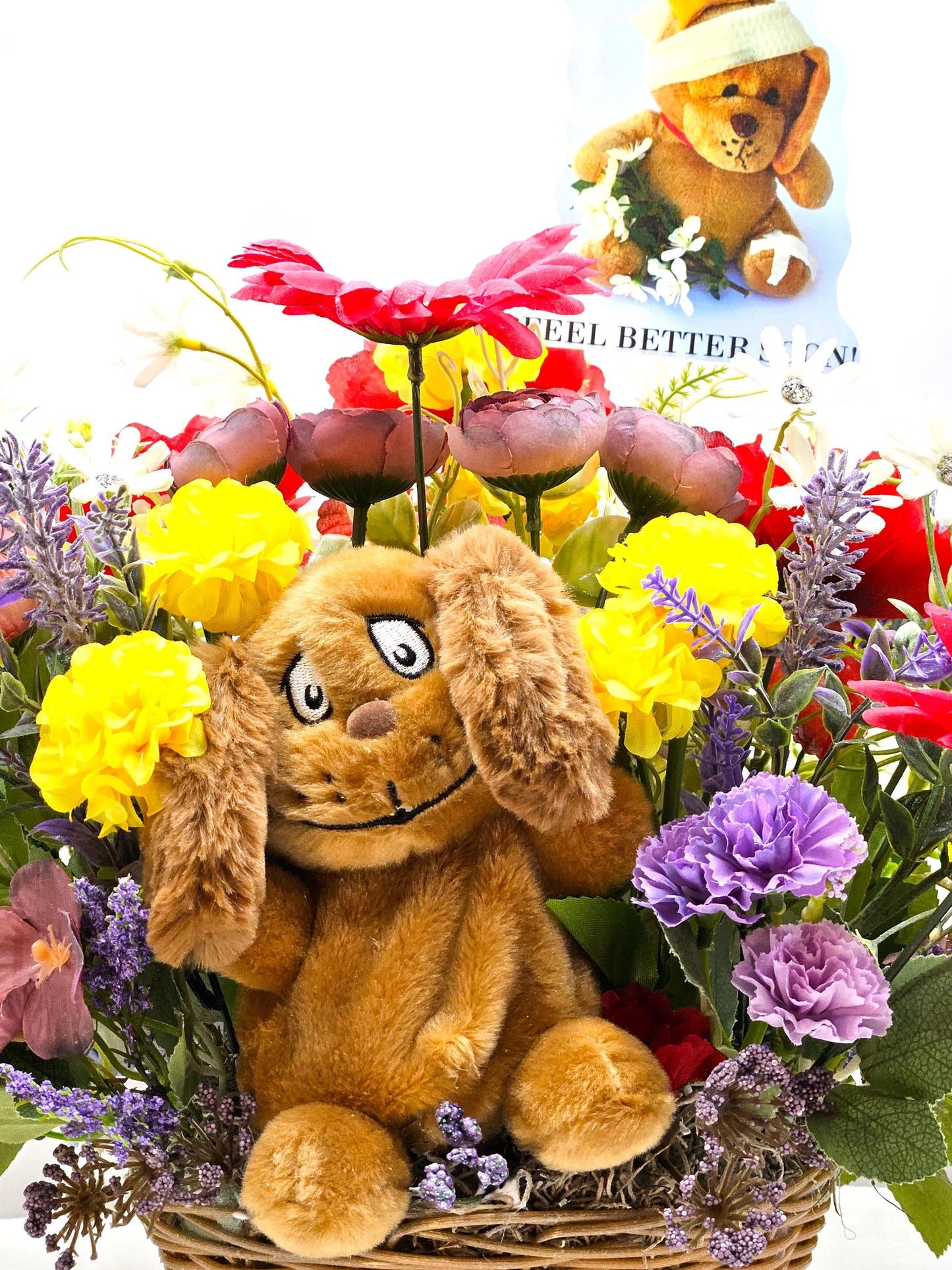 Get Well Floral Centerpiece with Cute Dog/Lift Someones Spirit W/This Charming Gift/Chase Away the Blue sand Make Someone Smile/Colorful