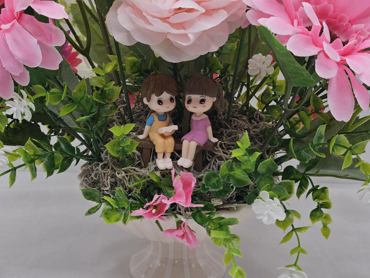 Lovers in a Floral Garden, 2 Options/A Boy's Proposal in Blue/White or Couple Reading in Pink/White/Silk/Foam Roses/Multiple Flowers/Greens