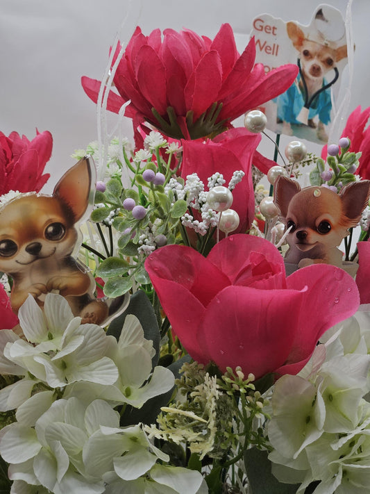 Get Well/Feel Better Floral Arrangeements Featuring Cheerful Chihuahua Pups Amidst a Red/White Flower Garden/Baby's Breath/Glitter Accents