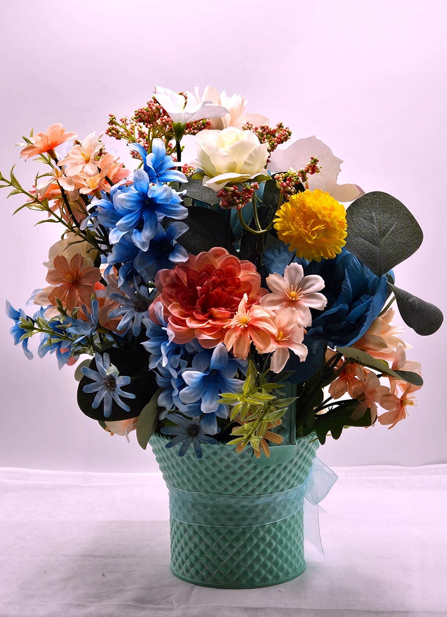 Charming Aqua Blue Metal Basket, Adorable Lambs Featuring, Pastel Spring Flowers, Sheer Ribbon Accent, Easter Decor