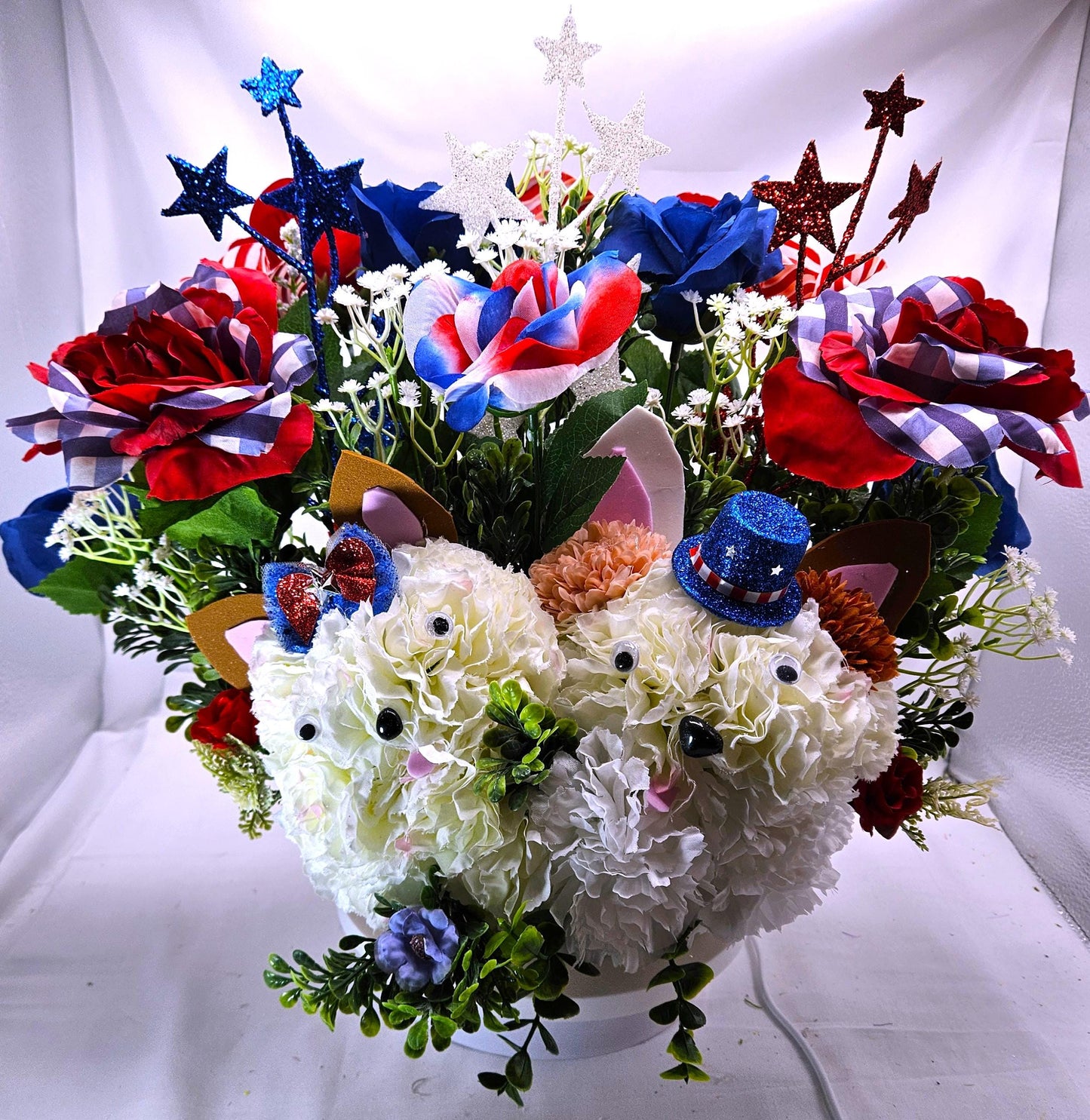 Patriotic Floral Garden Decor, Red White Blue Roses, Carnation Flower Dogs, Sparkly Stars Accents, God Bless America
