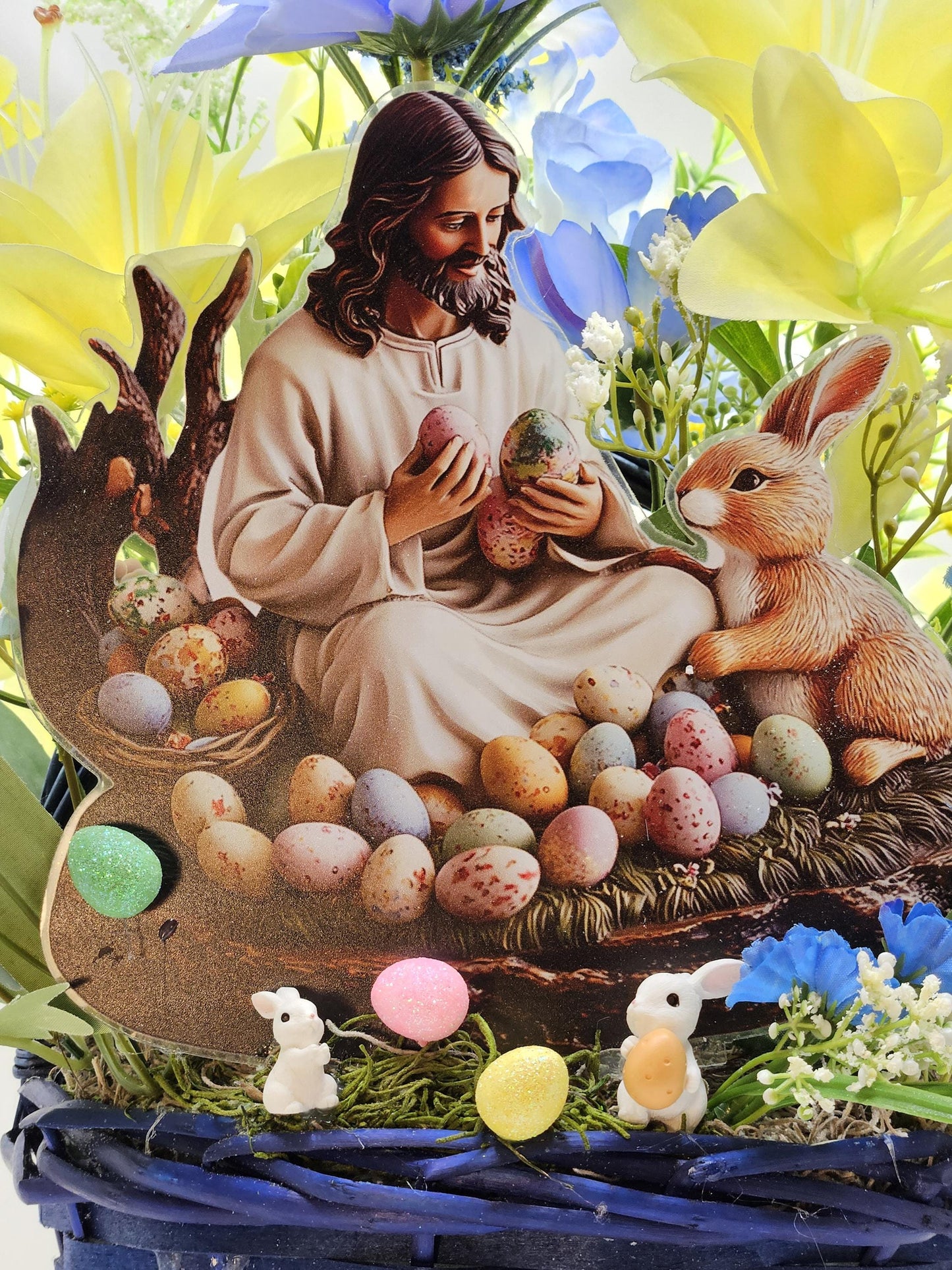 Jesus Sitting with Bunny in Easter Egg Garden and Blue/Yellow Spring Flowers/Other Egg and Bunny Accents, Happy Easter Sign