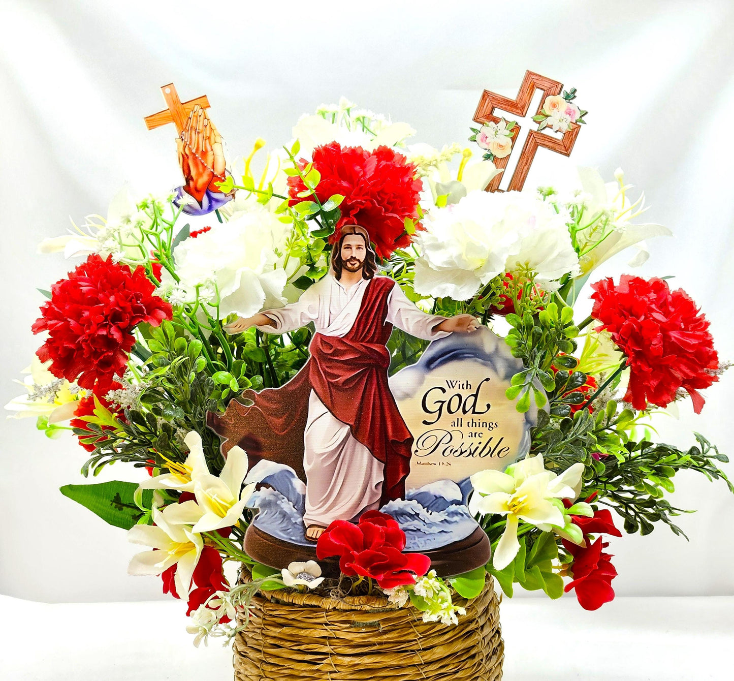 With God All Things Are Possible Flower Centerpiece Featuring Jesus Rising Within A Floral Garden of Lilies/Carnations/Added Cross Signs