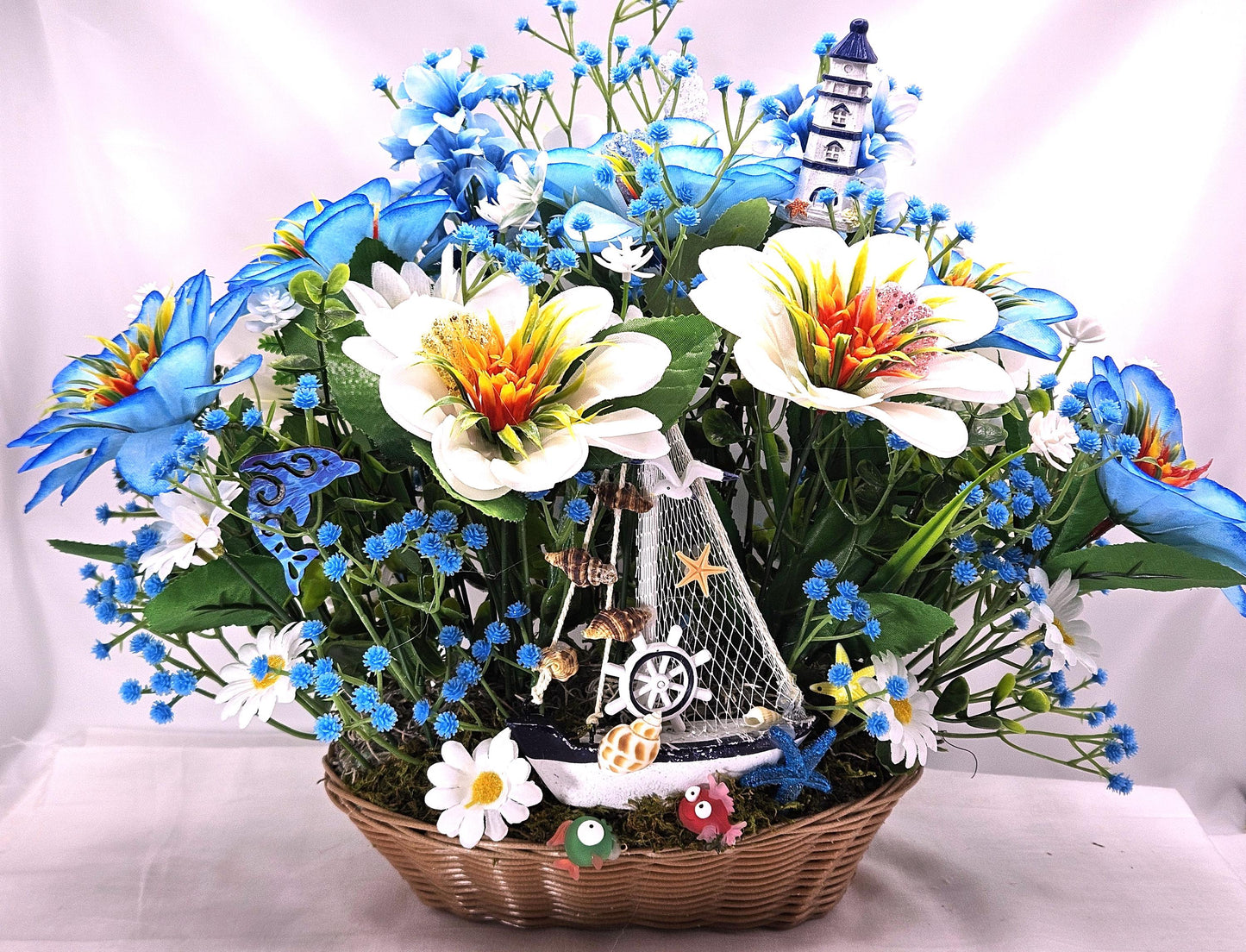 Love the Beach Tropical Floral Arrangement, Sea Shells, Turtle, Starfish, Lighthouse Decor, Blue & White Florals