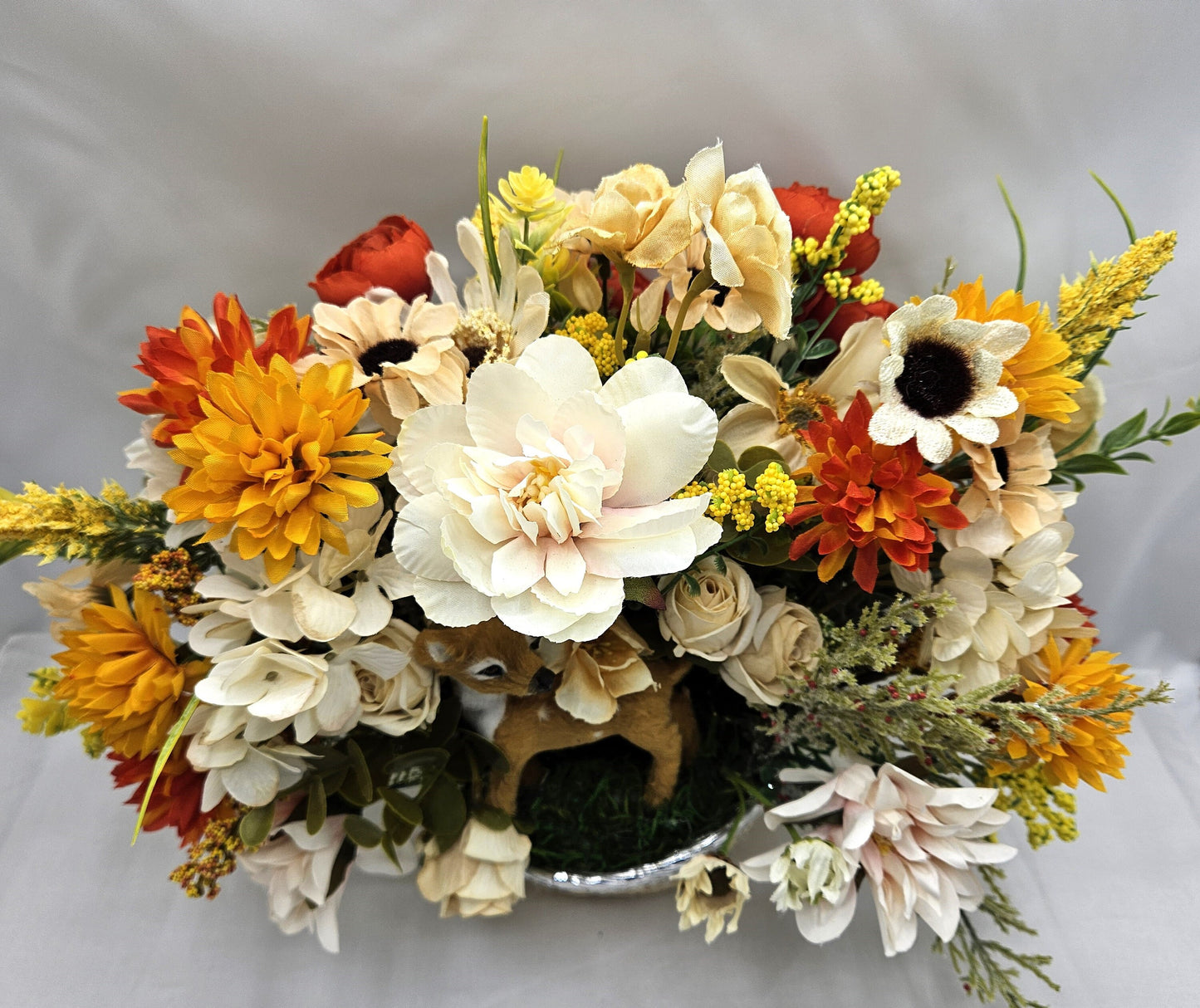 Natural Woven Basket Flower Arrangement with Flock Deer amidst Spring WildFlowers of Roses, Hyacinths and More, Gift for Her/Deer Lover