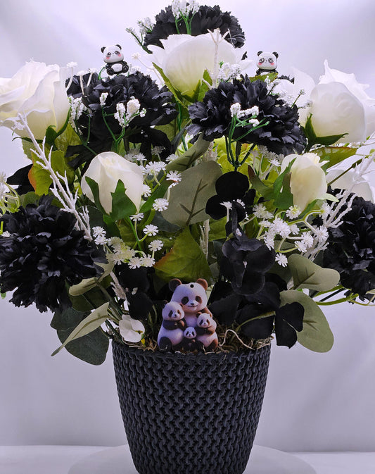 I Love Pandas Flower Arrangement/Black Flower Pot/White Roses/Black Carnations/Panda Bear Accents/Great Gift or Home Decor/Panda Bear Lover