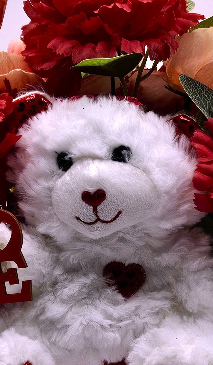 Romantic Flower Arrangement with White Bear Set in Red Gift Box - Red Carnations, Peach/White Florals, Glitter Hearts, and a Beautiful Bow"