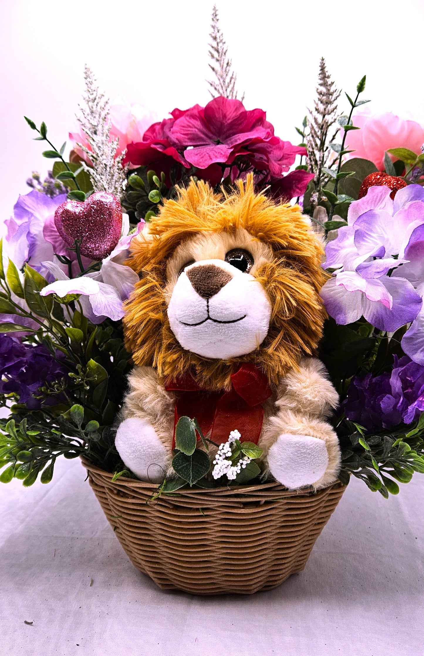Romantic Lion Love - Cute Lion Romantic Flower Arrangement with Pink and Lilac Flowers, Glittery Hearts, and Cheery Stuffed Lion