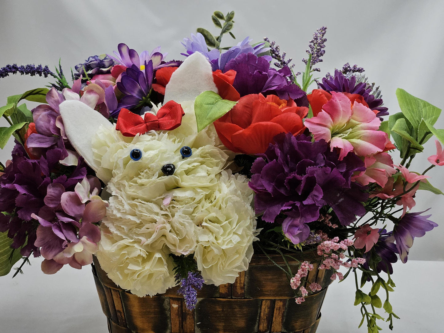 Handmade Carnation/Mum Flower Dogs/Two Options, in Box or Basket, Pieces filled w/Multi-Colored Sprimg/Summer Flowers/Greenery/Other Accents