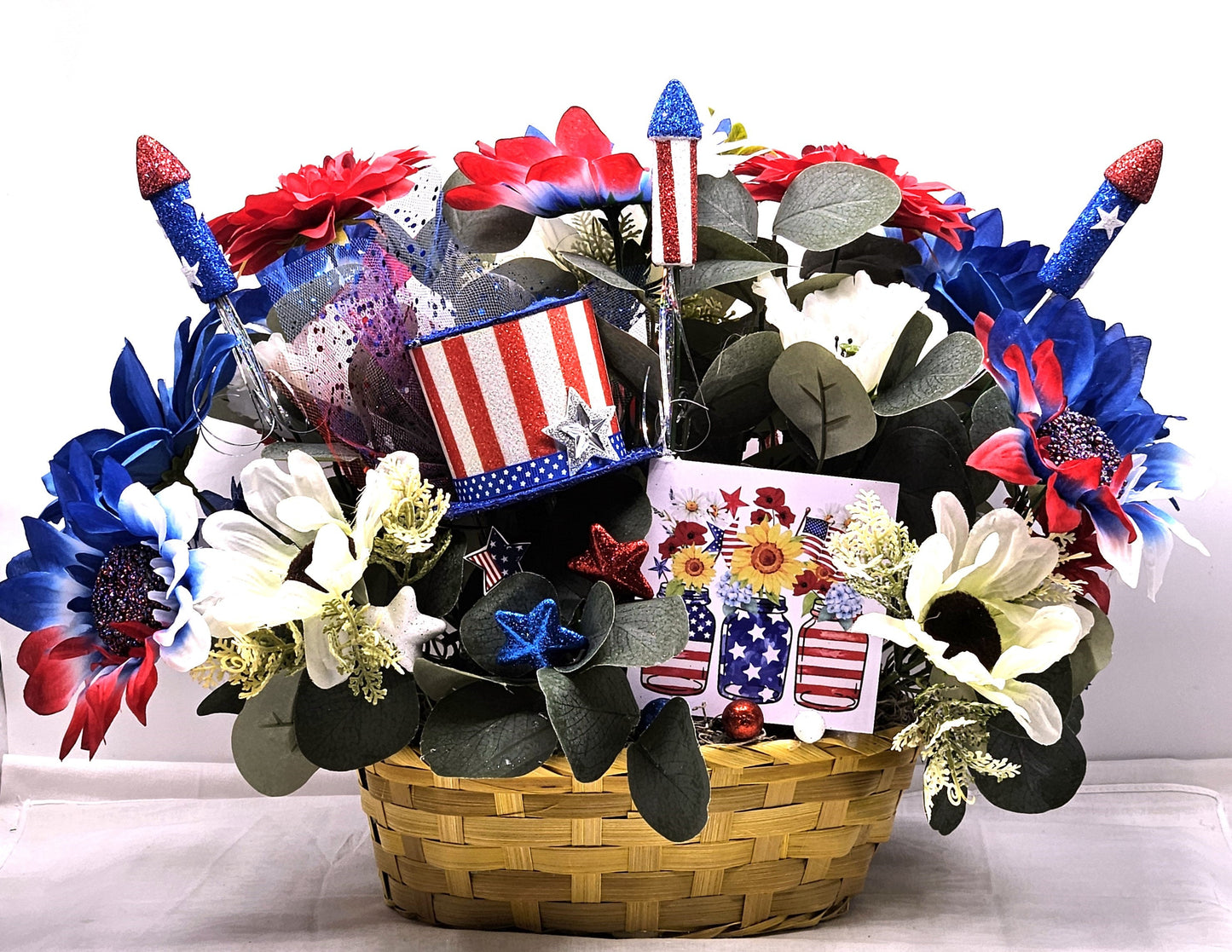 God Bless America Flower Arrangement, Patriotic Floral Sign, Red/White/Blue Top Hat, Daisies and Other Flowers, Fireworks, Stars