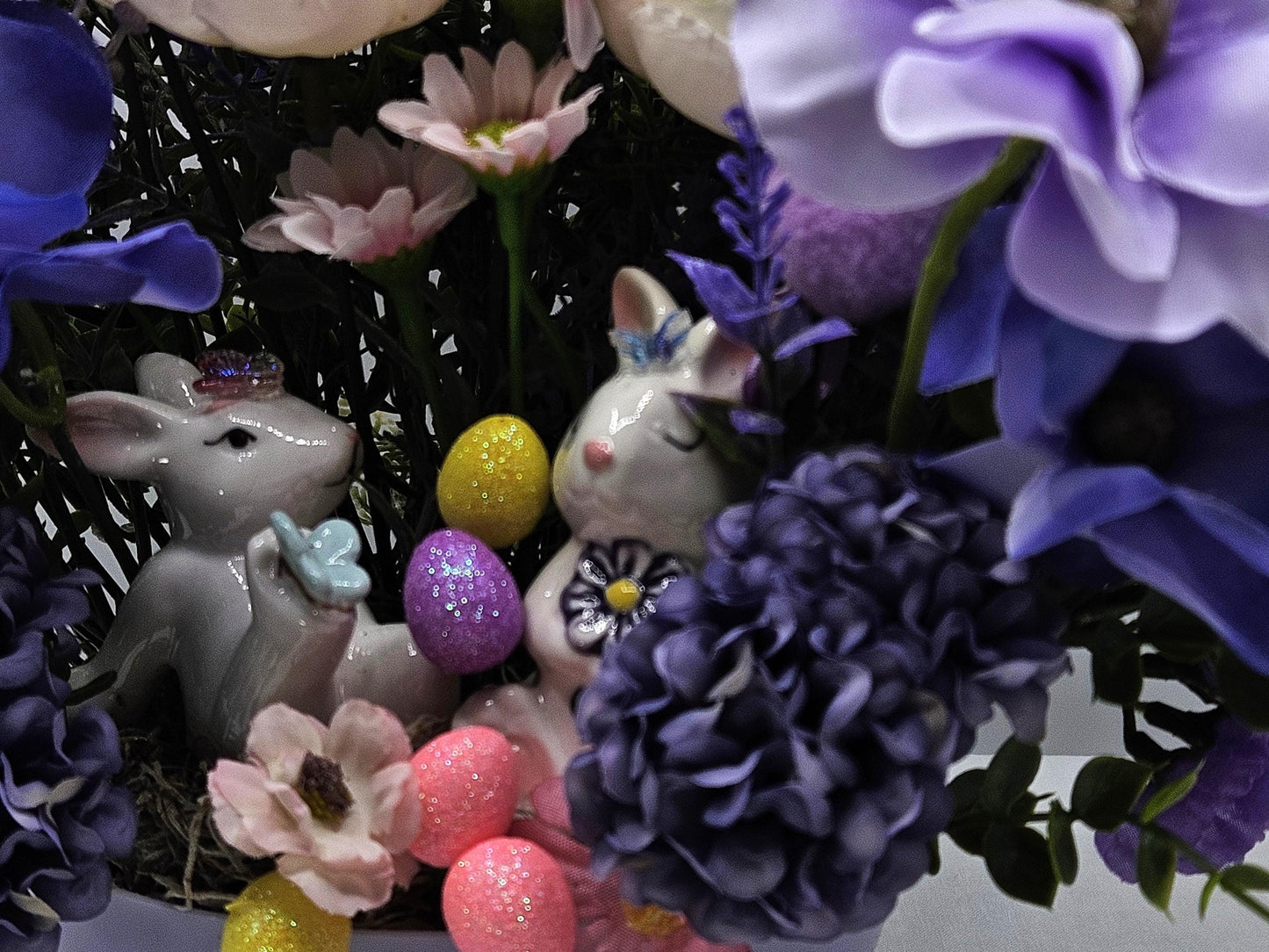 Easter/Spring Flower Arrangement/Purples/Lilac Flowers/Greenery/Cute Bunny Couple/Glittery Eggs/Happy Easter Sign/Easter Accens/Lilac Dish