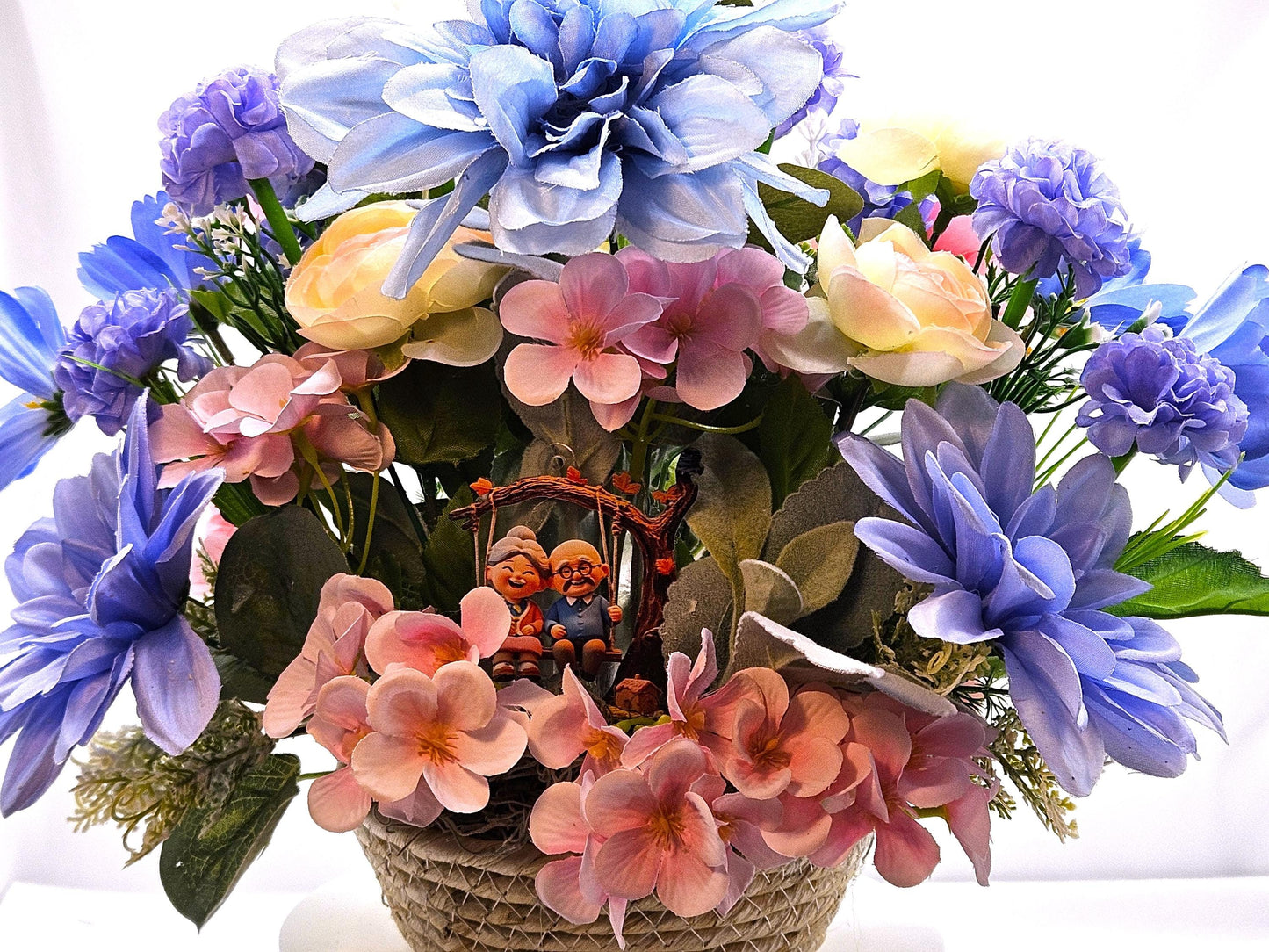 Romantic Flower Arrangement for Grandparents, Natural Woven Basket, Grandma and Grandpa on Swing, Pink Blue Florals