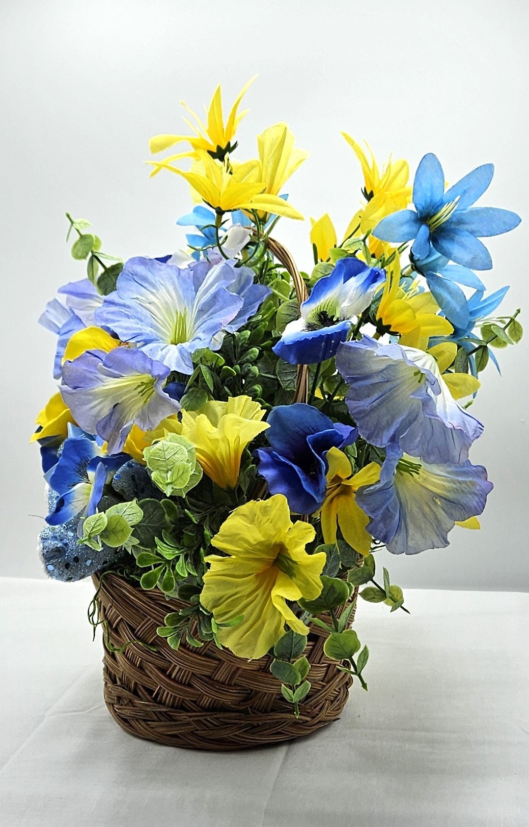 Blue Rabbit In Blue Handmade Spring Flowers Arrangement, Summer Flower Decor, Natural Wicker Basket, Glittery Flowers, Yellow Lilies decor