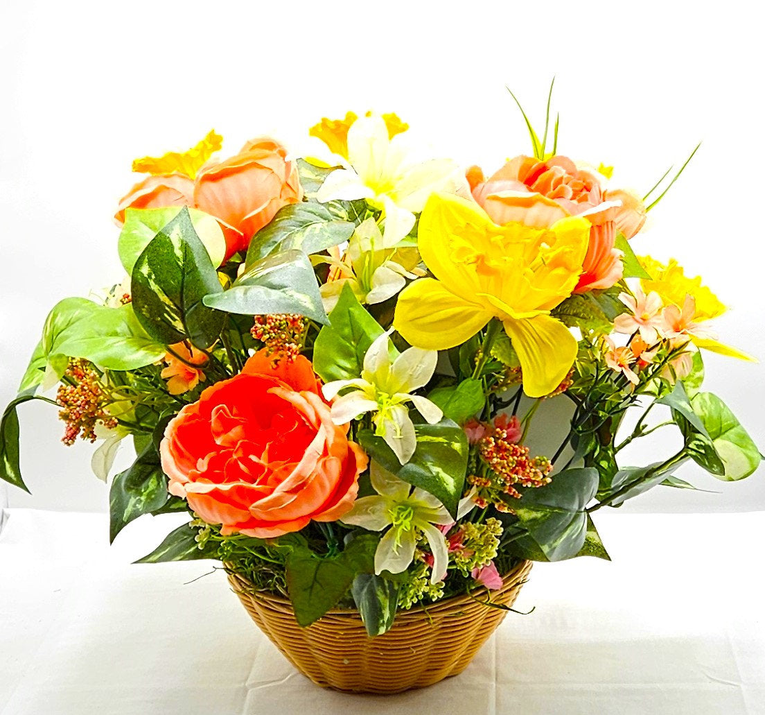 Hello Spring Flower Arrangement Featuring Cute Bunnies Amidst Daffodils, Cosmos, Peonies and Other Spring Flowers and Greenery