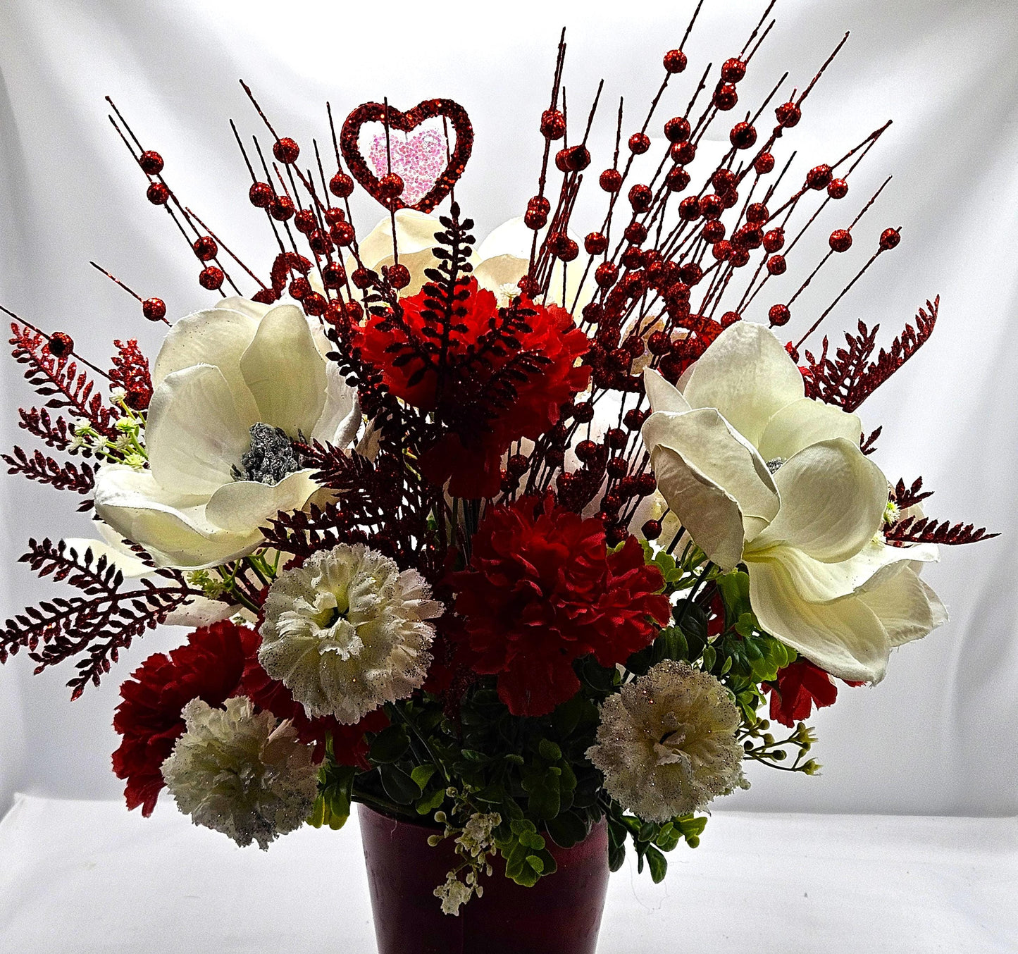 Love Teddy Bear or Flying Pig Floral Centerpiece, Roses Carnations Magnolias, Glittery Hearts, Home Decor, VALENTINE