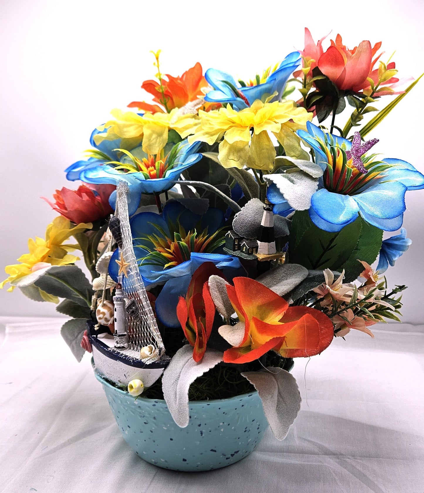 Seaside Serenity Coastal Decor, Sailboat and Lighthouses, Teal/Aqua Flower Arrangement, Beach Lover Gift, Sea Life Decor