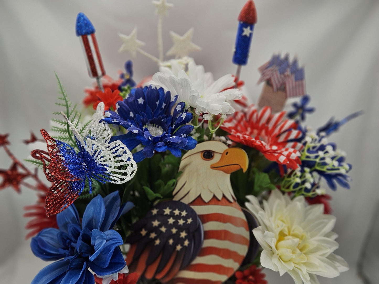 American Pride Garden Decor, Majestic Eagle Display, Floral Patriotism, Stars and Stripes, USA Butterfly Feature