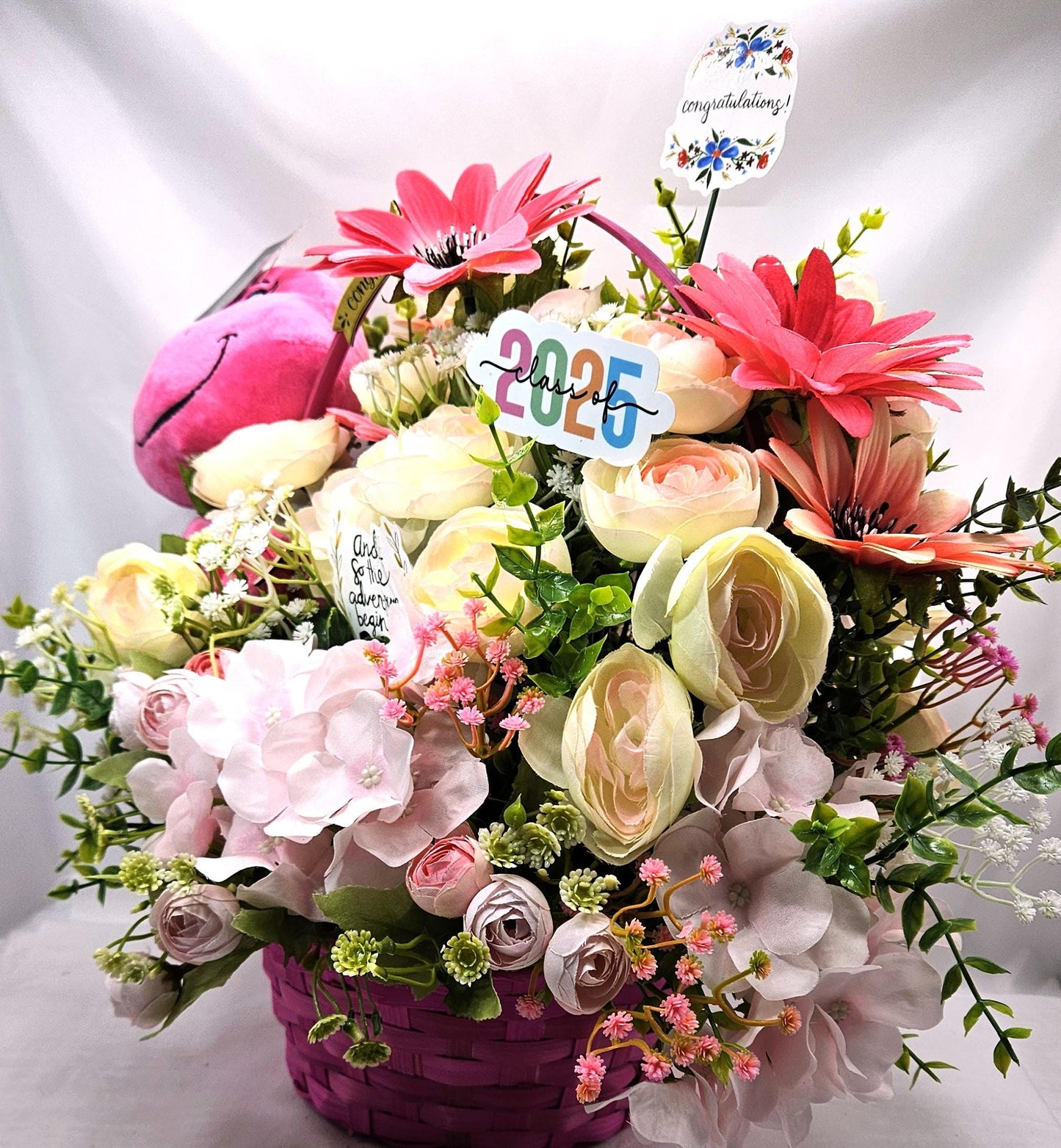 Turtle Lover Graduation Centerpiece/Whimsical Stuffed Pastel Turtle/Pink Wicker Basket/Ranunculus/Roses/Hydrangea/Pinks/White/Congrat Notes
