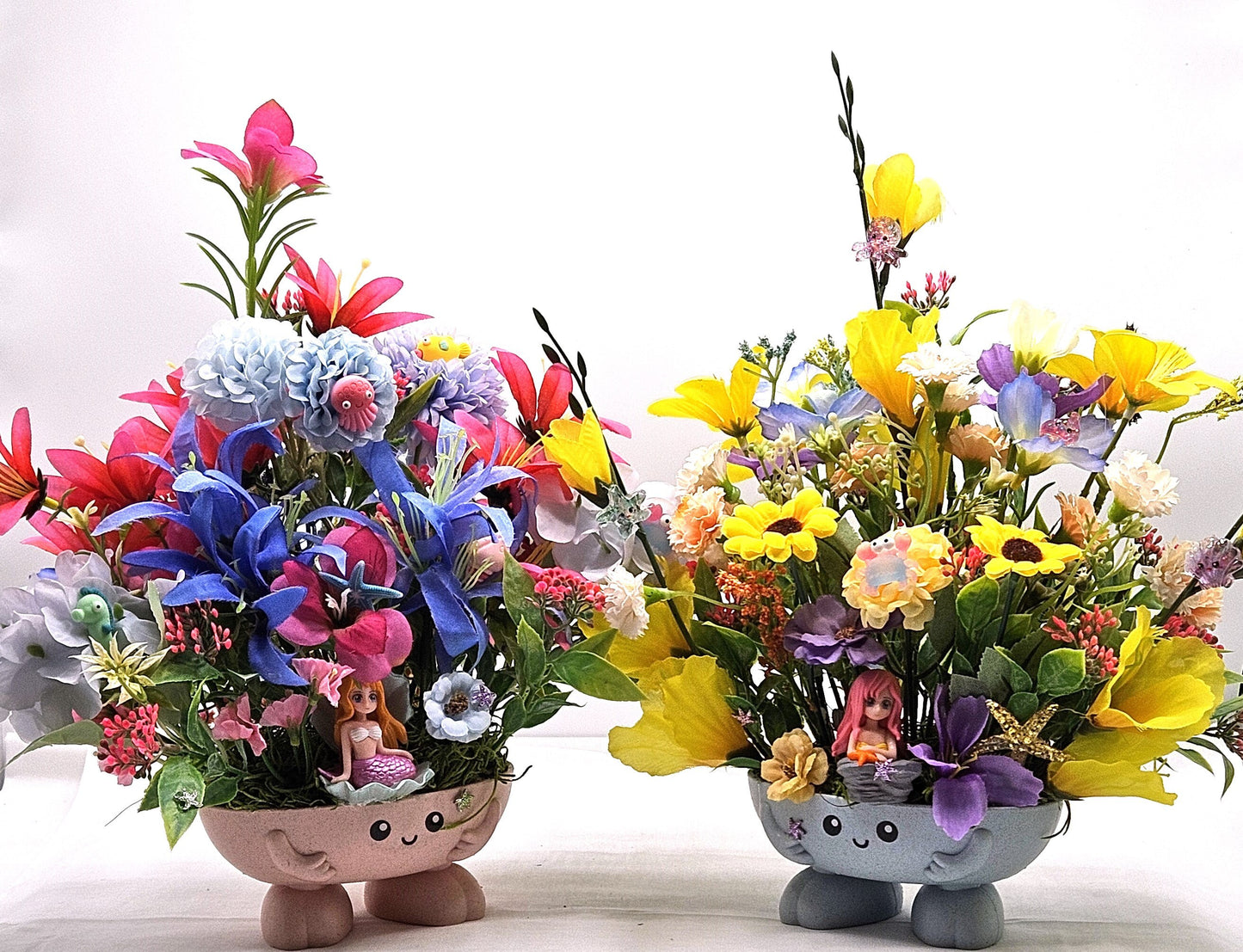 Tropical Mermaid Floral Arrangements, 2 Options, Pink/Blue or Yellow/Blue Multi Color Themes, Whimsical Cute Mermaids and Other Sea Life