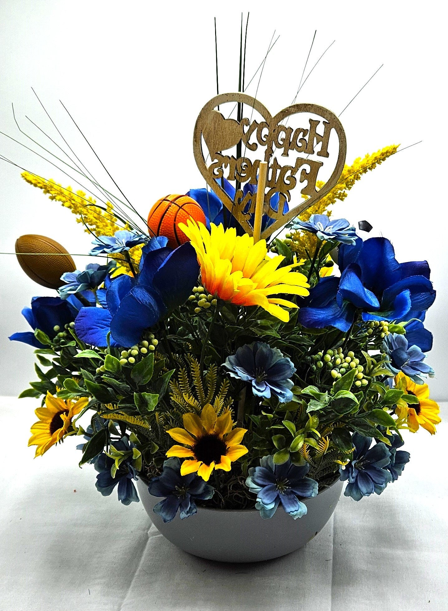 Father's Day Sports Themed Gift - Gray Dish with Wildflowers & Football/Soccer/Basketball - Unique Dad Gift Any Occasion