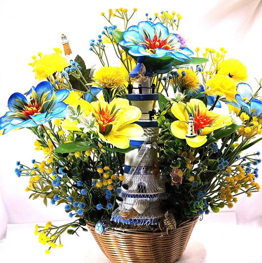 Tropical Charm/Wooden Lighthouse/Tropical Floral Centerpiece w/Turtles and other Coastal Type Accents/Great for Gift/Beach/Home Decor