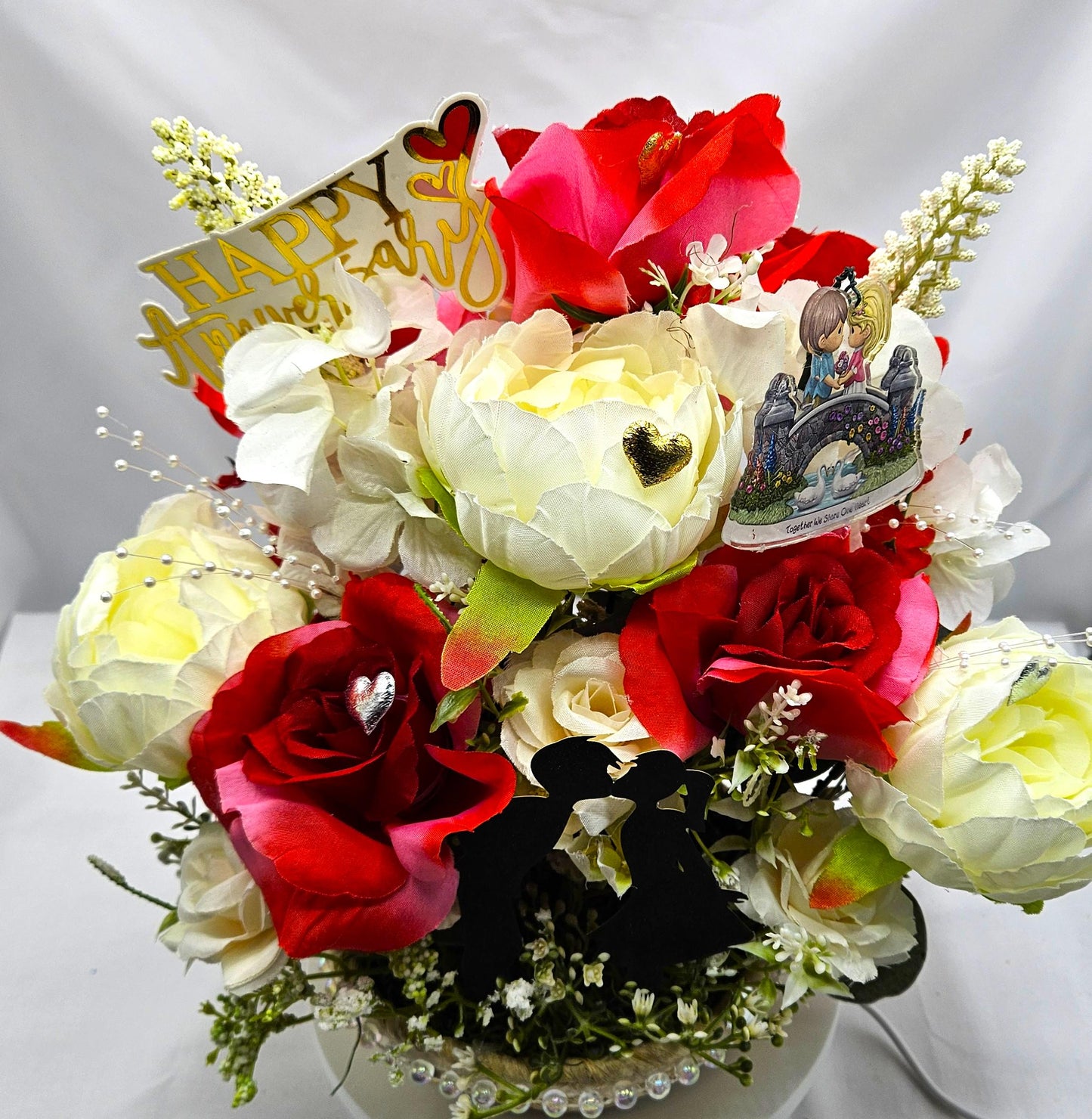 Happy Anniversary Flower Arrangement Features Shadow Kissing Couple, Sentimental Sign, Together We Share One Heart, Shiny Hearts/Pearl Trim