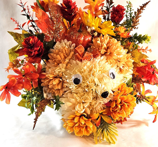 Flower Arrangement Featuring Handmade Carnation and Mum Flower Floppy-Eared Dog with Pumpkins, Mums, Pinecones/other Fall Flowers