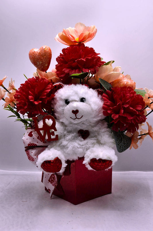 Romantic Flower Arrangement with White Bear Set in Red Gift Box - Red Carnations, Peach/White Florals, Glitter Hearts, and a Beautiful Bow"