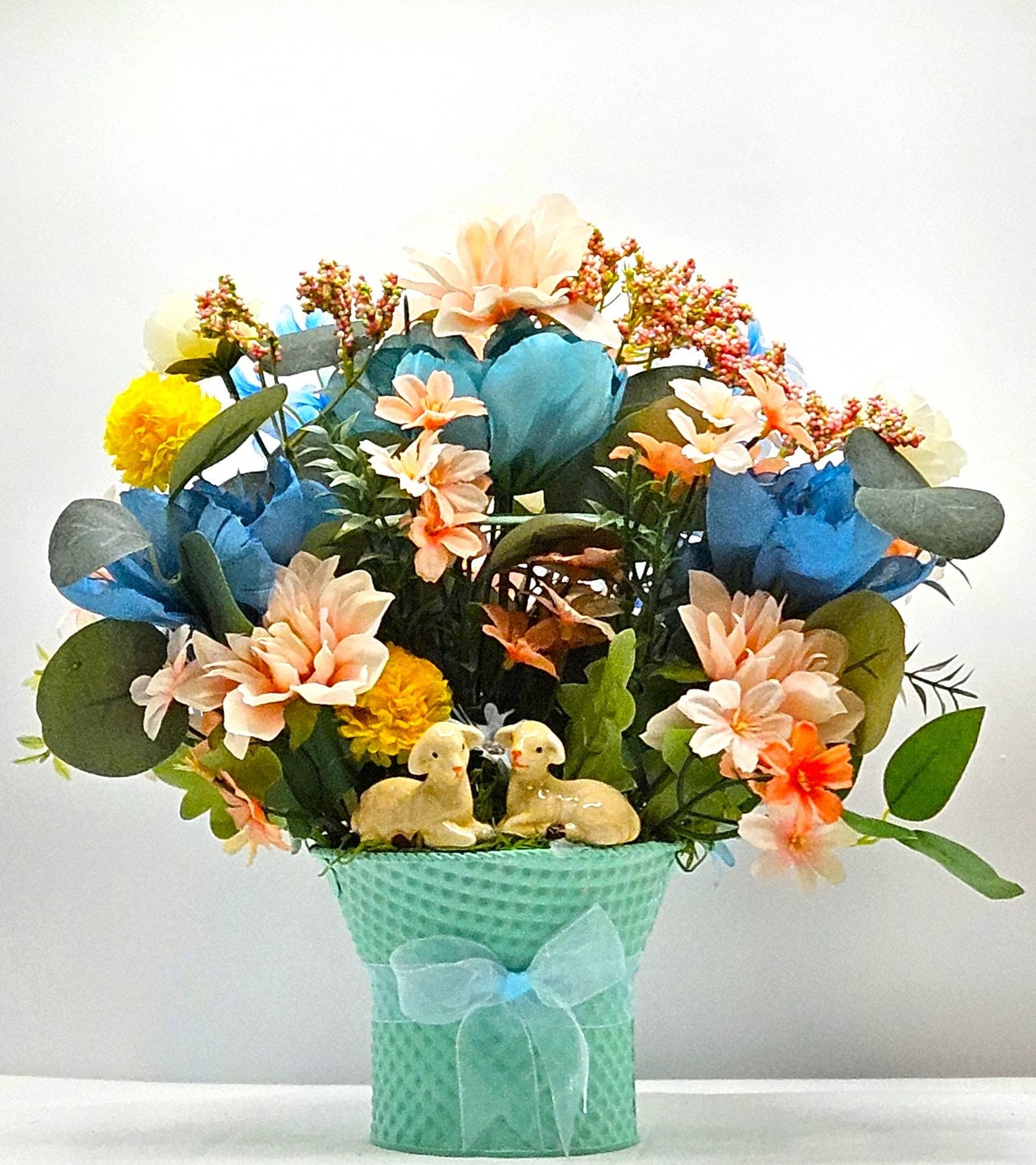 Charming Aqua Blue Metal Basket, Adorable Lambs Featuring, Pastel Spring Flowers, Sheer Ribbon Accent, Easter Decor