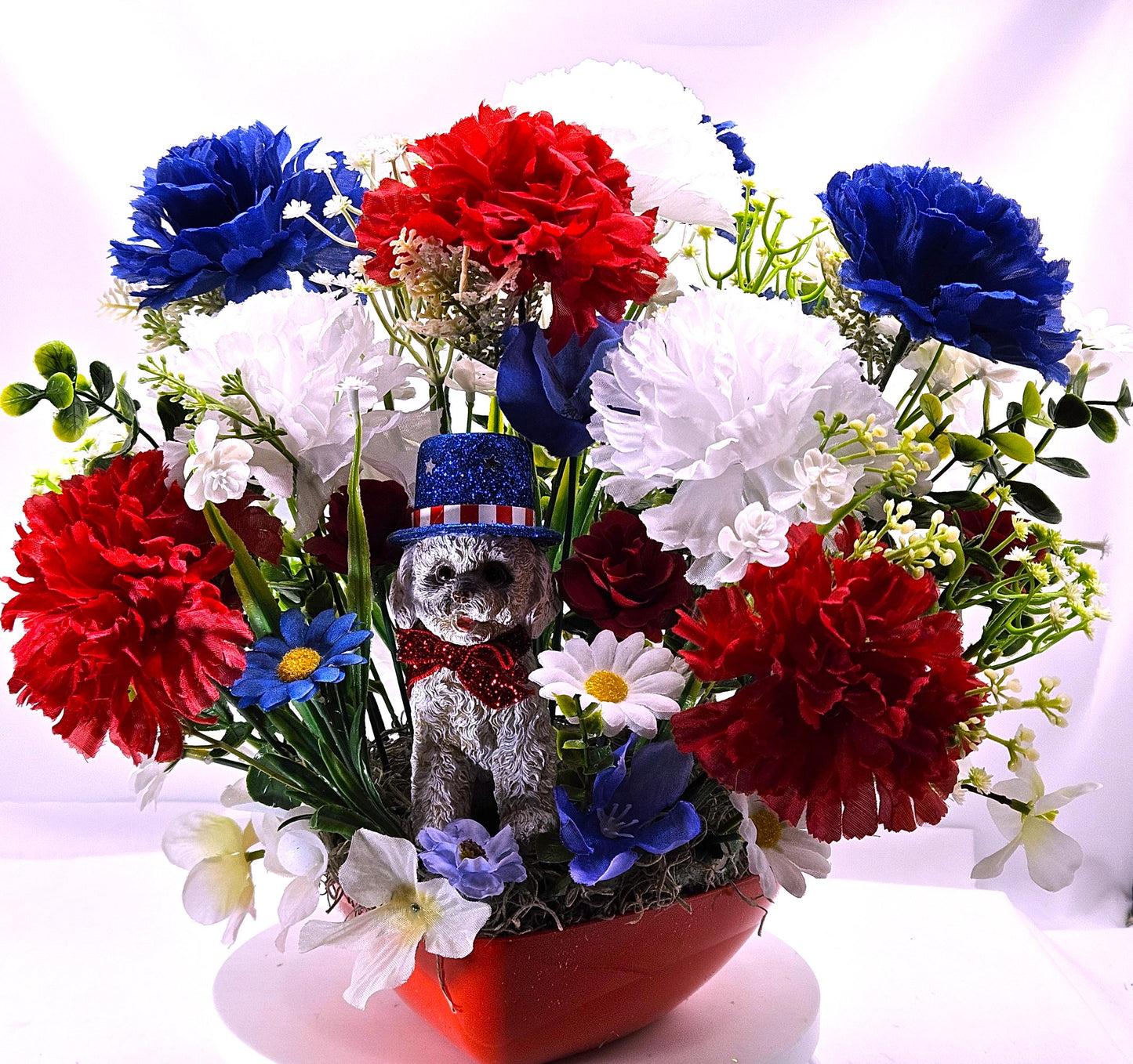 Patriotic Flower Arrangement, Heart-Shaped Dish, Red White Blue Flowers, Patriotic Decor, Celebrative Gift