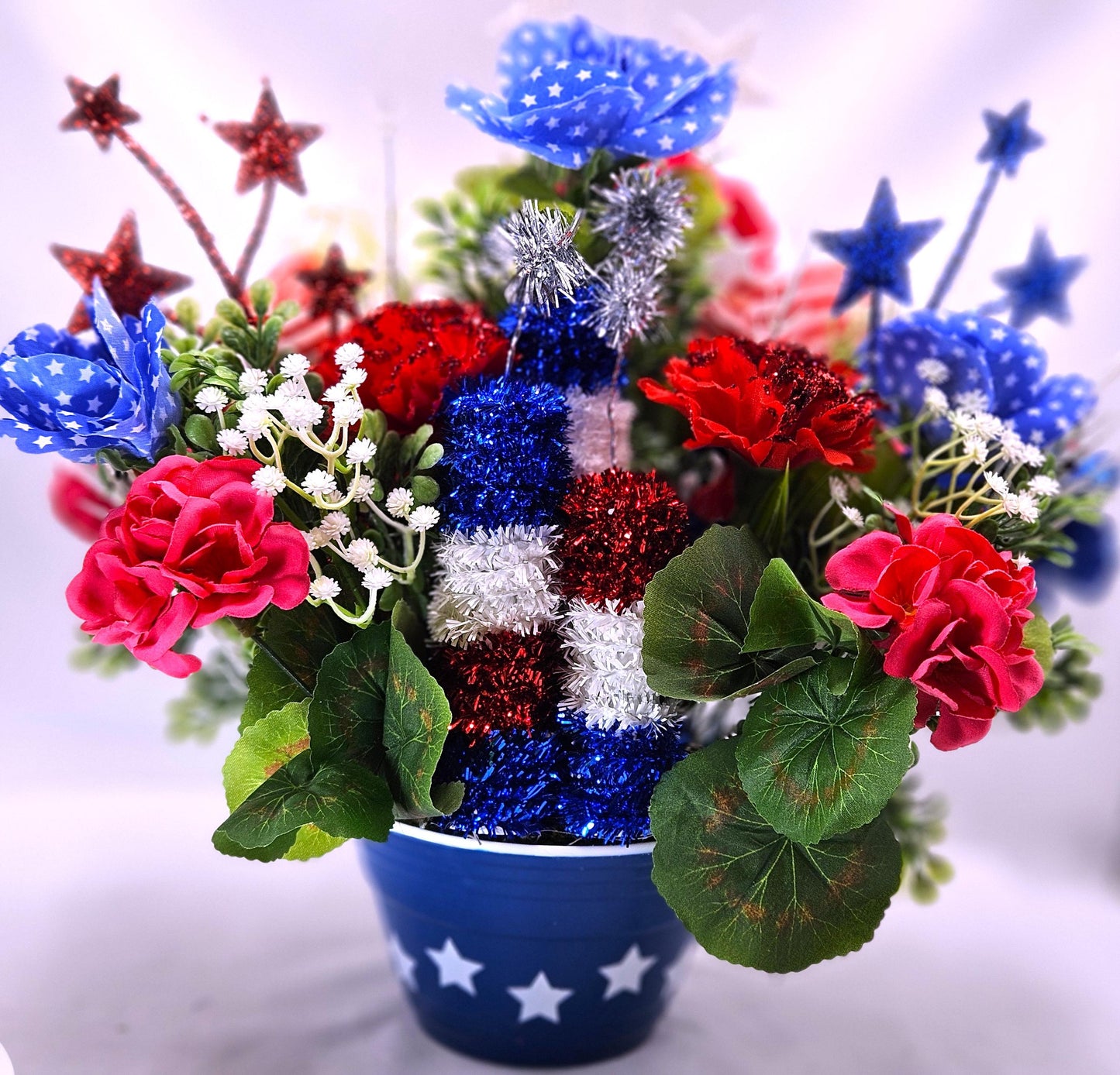 Great American Pride/Patriotic Floral Arrangements/2 Options/FireCracker or Cowboy Cow/Red/Whte/Blue Flowers/Stars Other Patriotic Accents