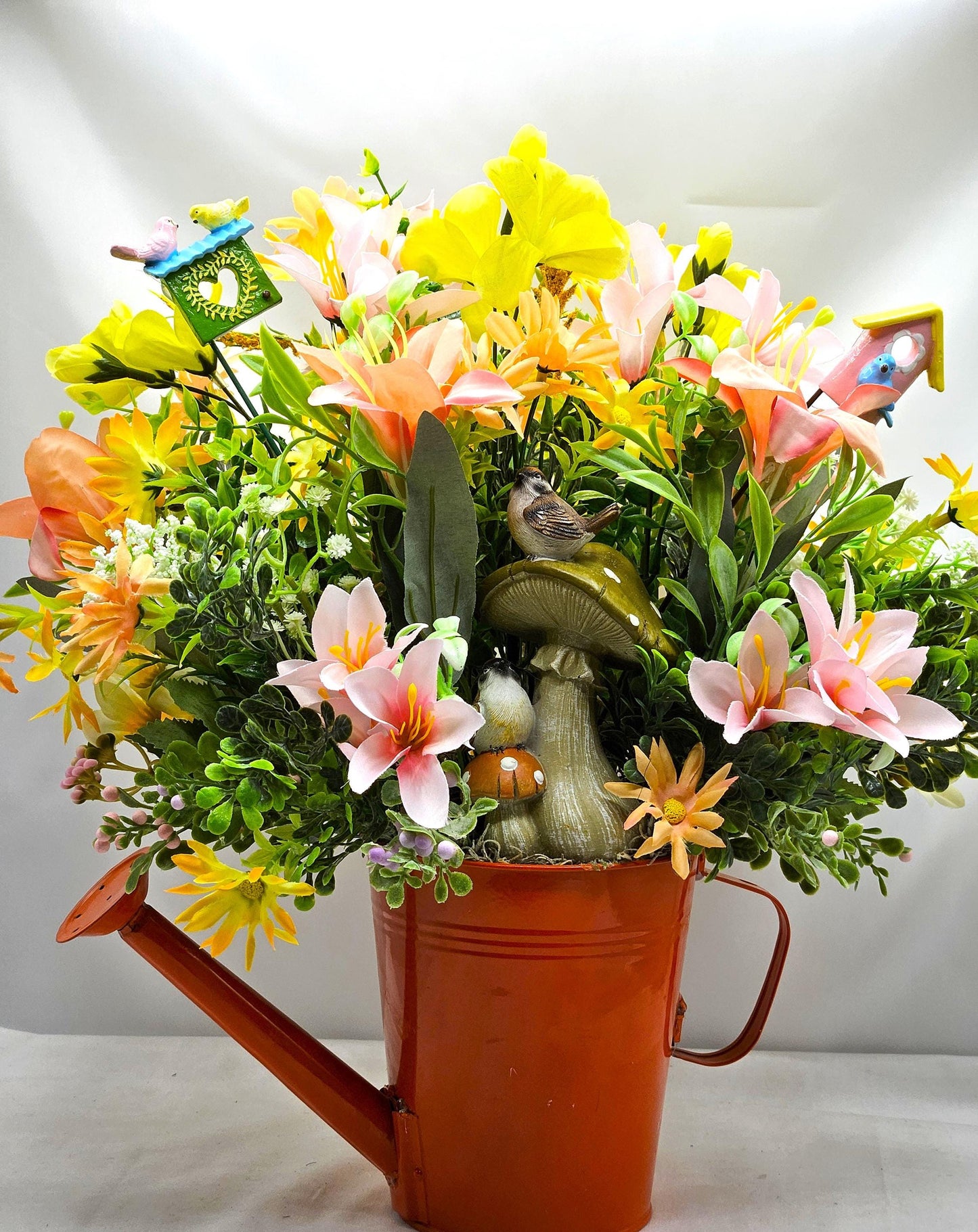 For the bird lover, Spring/Summer Floral Arrangement Set in Orange Watering Can w/Birds Atop Mushrooms/Other Bird Accents/Colorful Flowers