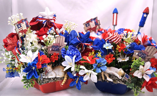 Patriotic Cat Floral Arrangement – Belly-Up Kitten or Lying Cat in Star Dish with Red White Blue Flowers