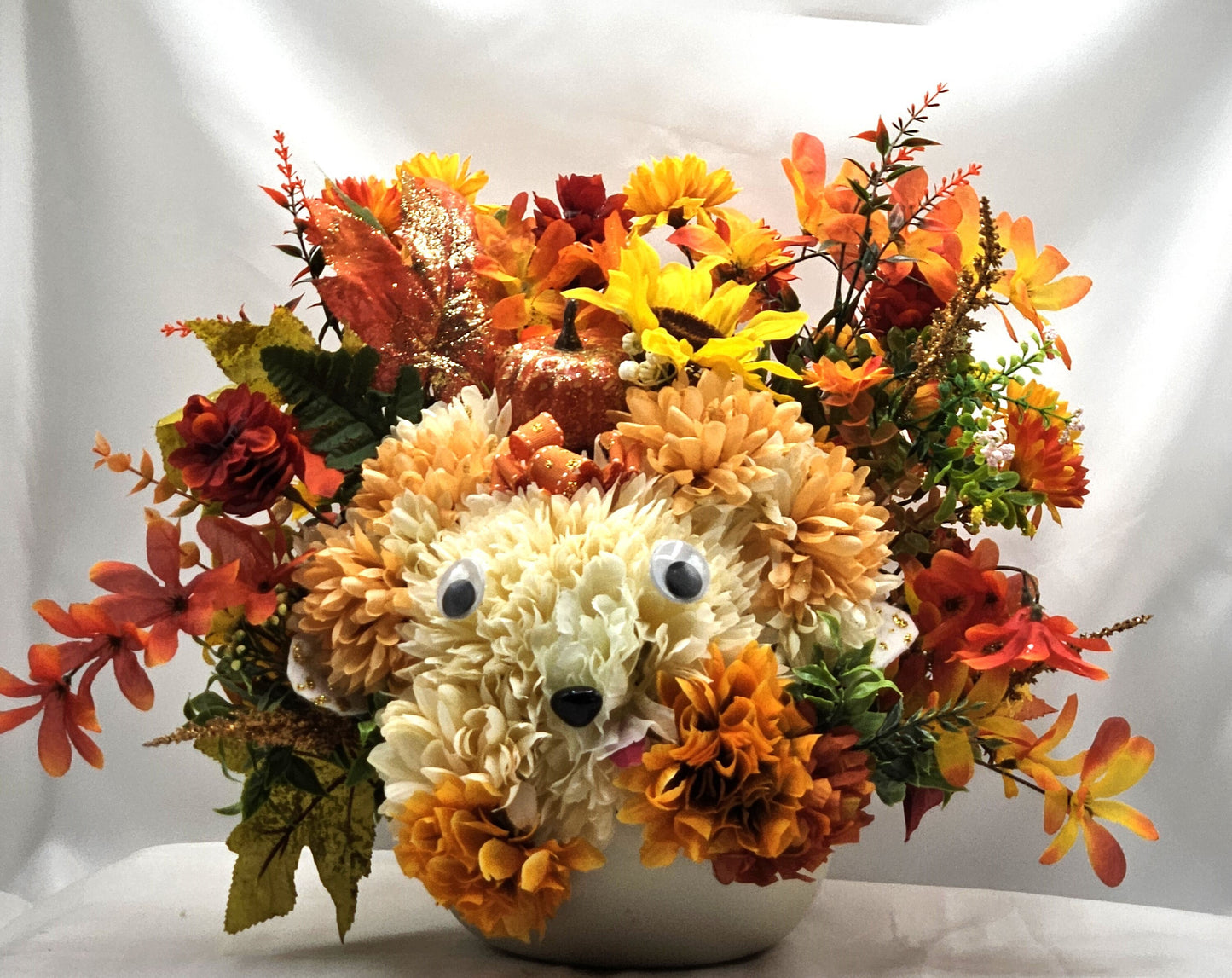 Flower Arrangement Featuring Handmade Carnation and Mum Flower Floppy-Eared Dog with Pumpkins, Mums, Pinecones/other Fall Flowers